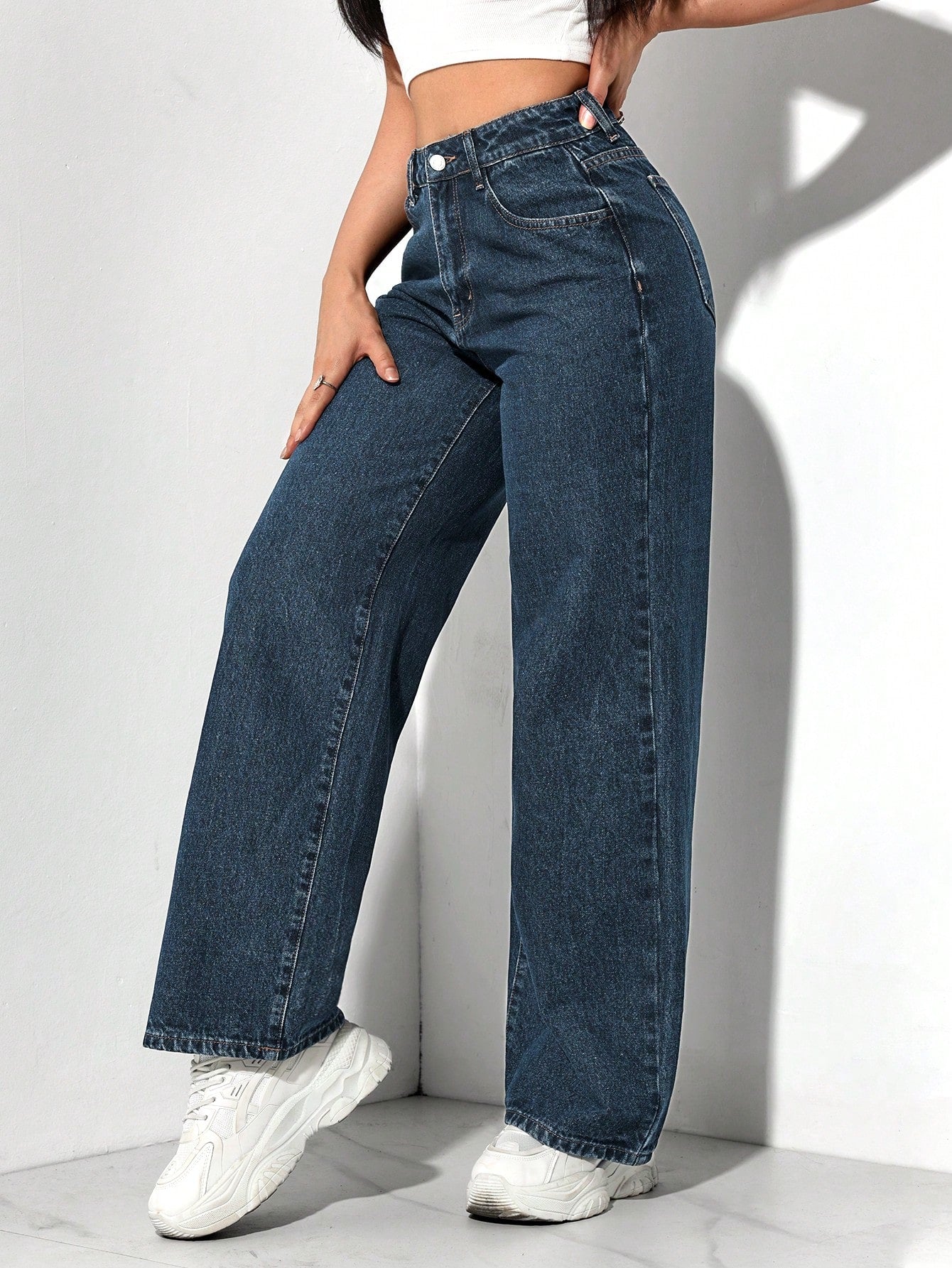 SHEIN PETITE Jeans décontractés, lavés, coupe droite relâchée