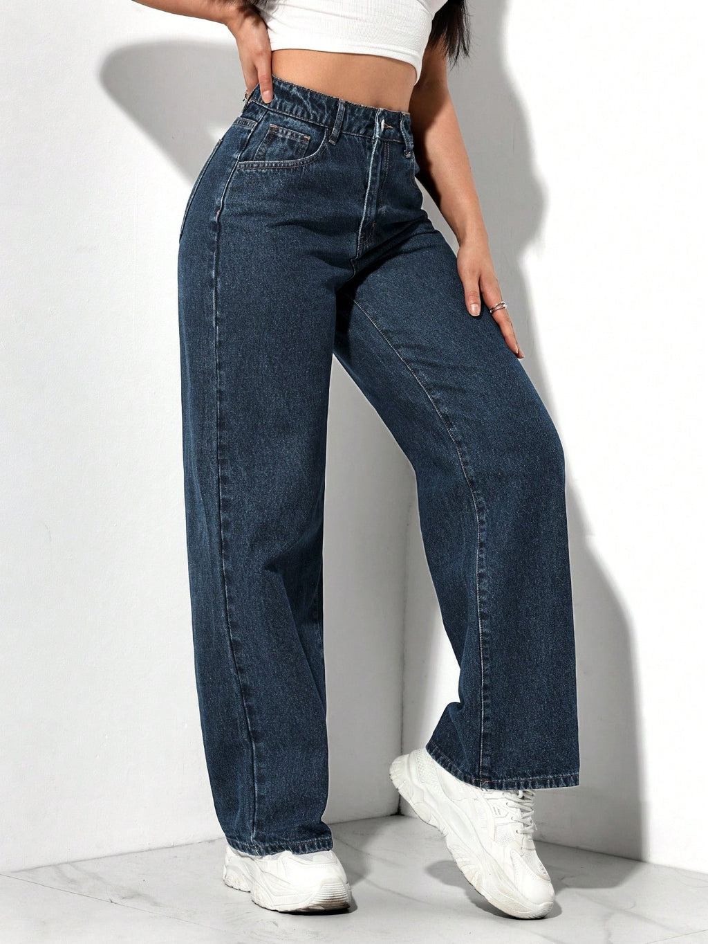 SHEIN PETITE Jeans décontractés, lavés, coupe droite relâchée