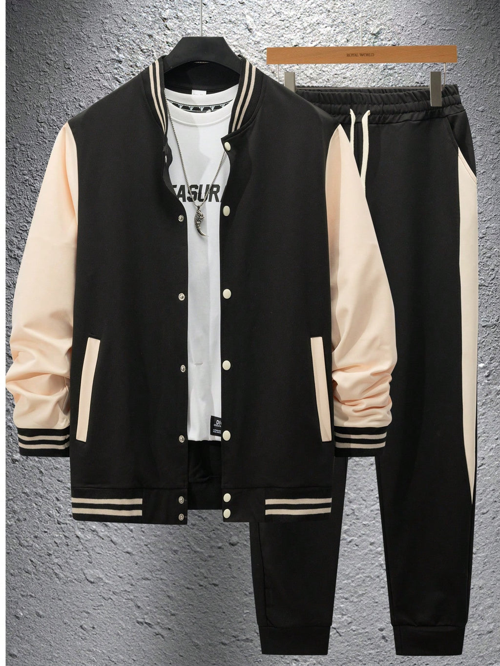 1 set Homme veste de baseball monobloc décontractée à col et pantalon, blocs de couleurs, 2 pièces, d'épaisseur moyenne, convient pour les voyages et l'usage quotidien