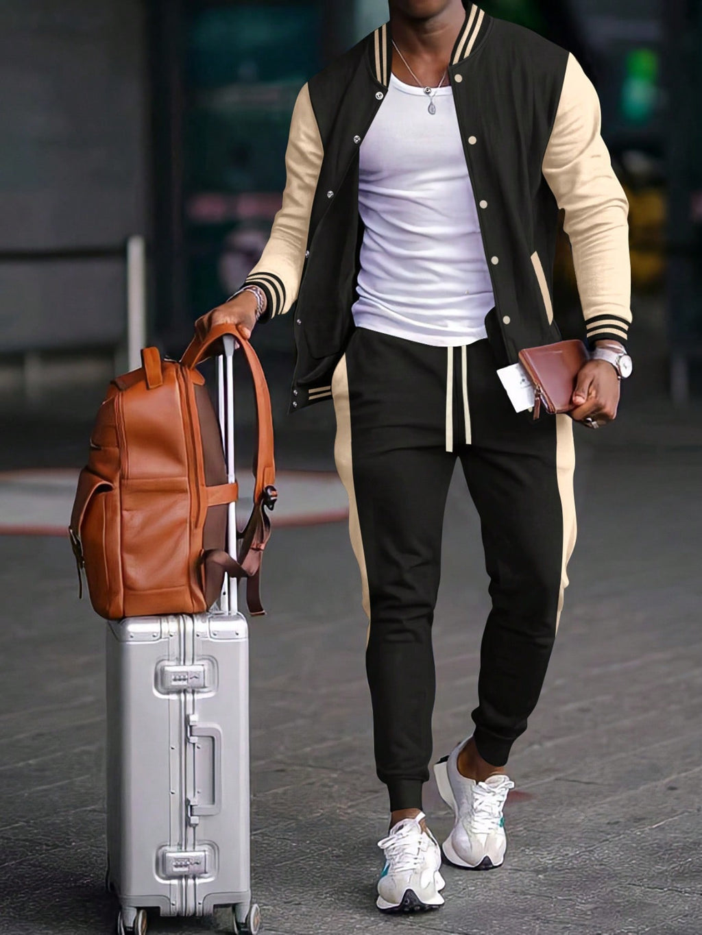 1 set Homme veste de baseball monobloc décontractée à col et pantalon, blocs de couleurs, 2 pièces, d'épaisseur moyenne, convient pour les voyages et l'usage quotidien