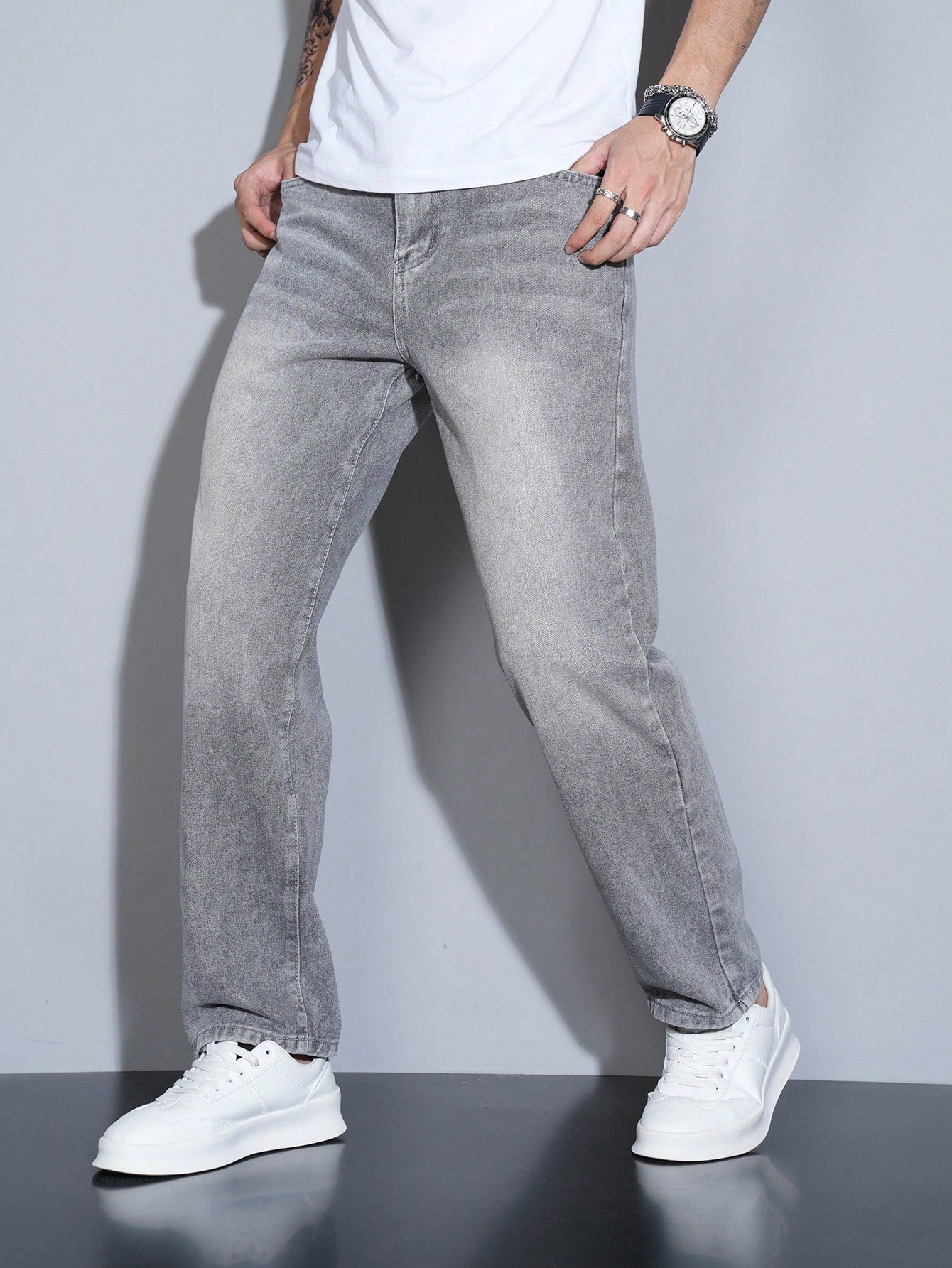 Manfinity Homme Jeans en denim casual à coupe droite et ample avec plusieurs poches pour hommes