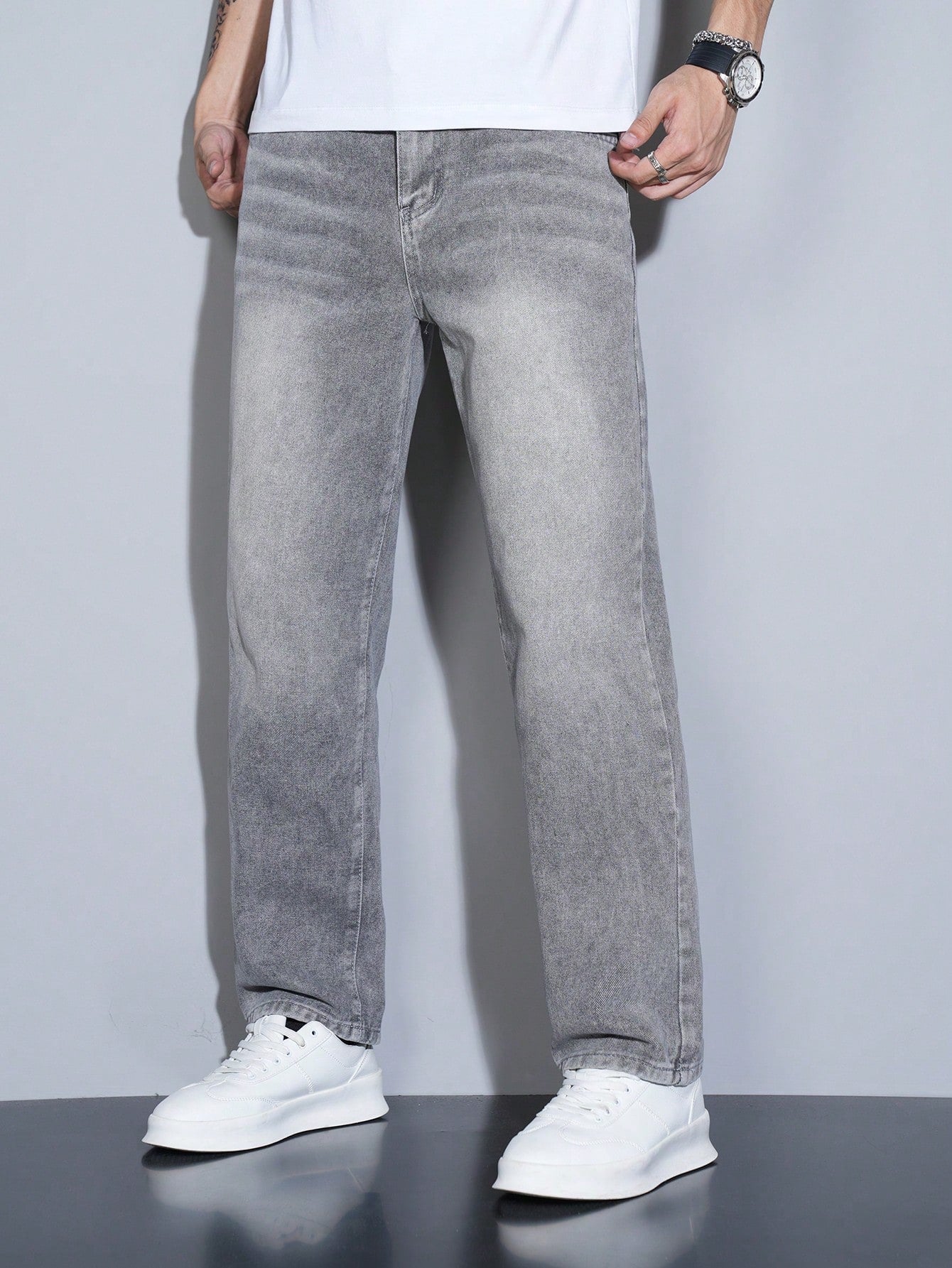 Manfinity Homme Jeans en denim casual à coupe droite et ample avec plusieurs poches pour hommes