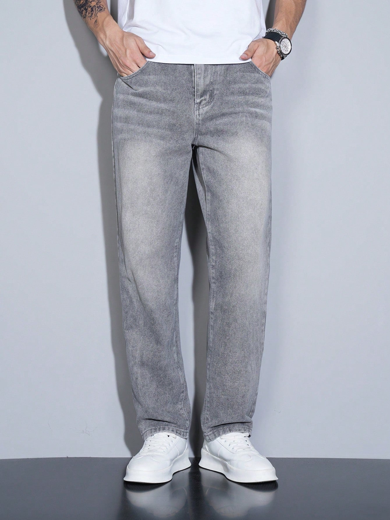 Manfinity Homme Jeans en denim casual à coupe droite et ample avec plusieurs poches pour hommes