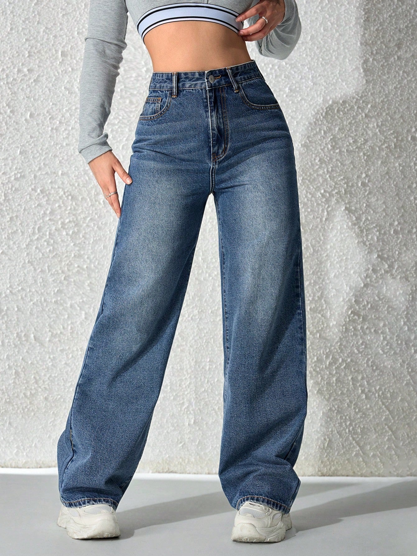 SHEIN x Lina SHEIN ICON Jeans droits taille mi-haute lavés décontractés de style rétro