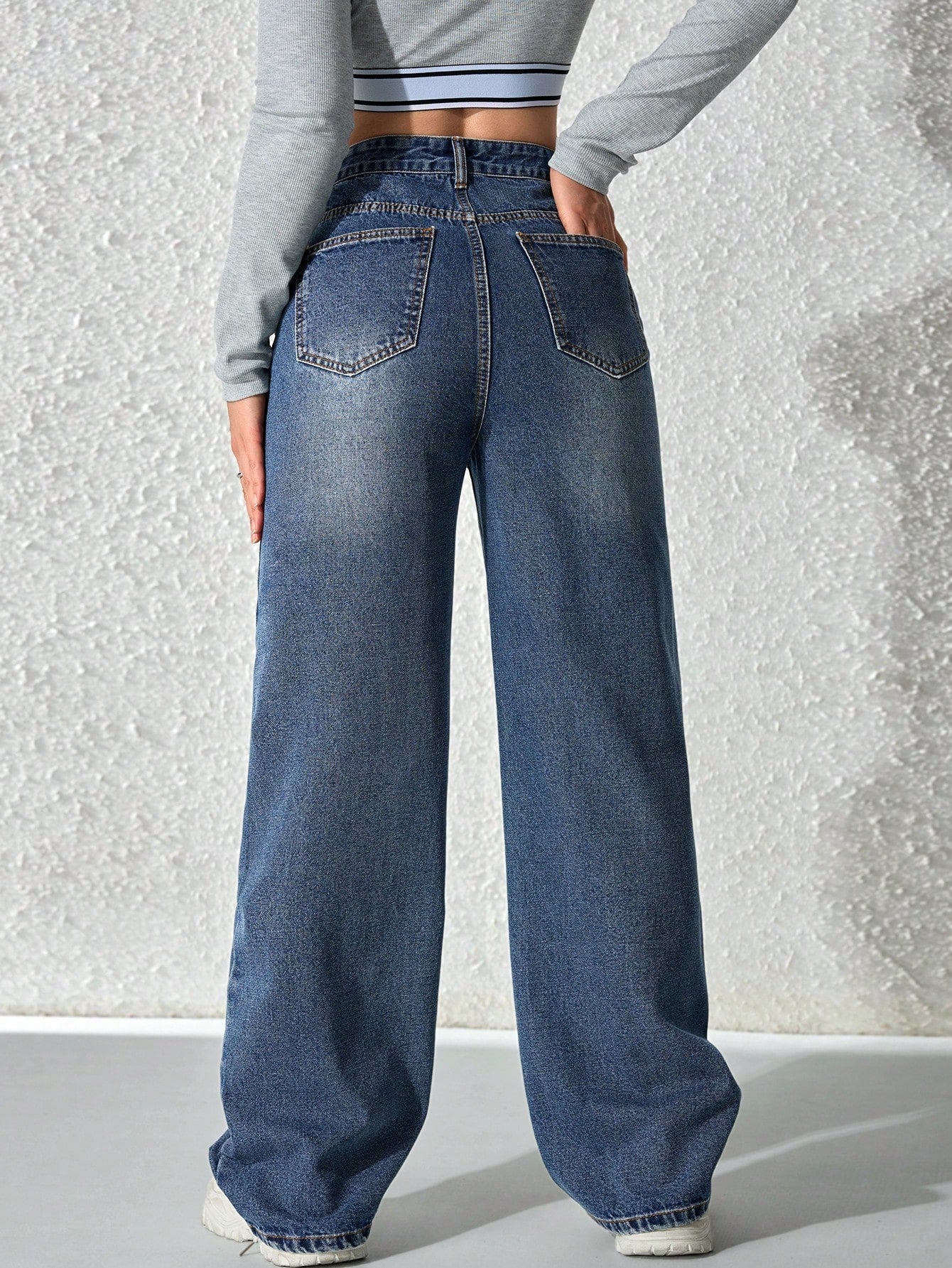 SHEIN x Lina SHEIN ICON Jeans droits taille mi-haute lavés décontractés de style rétro