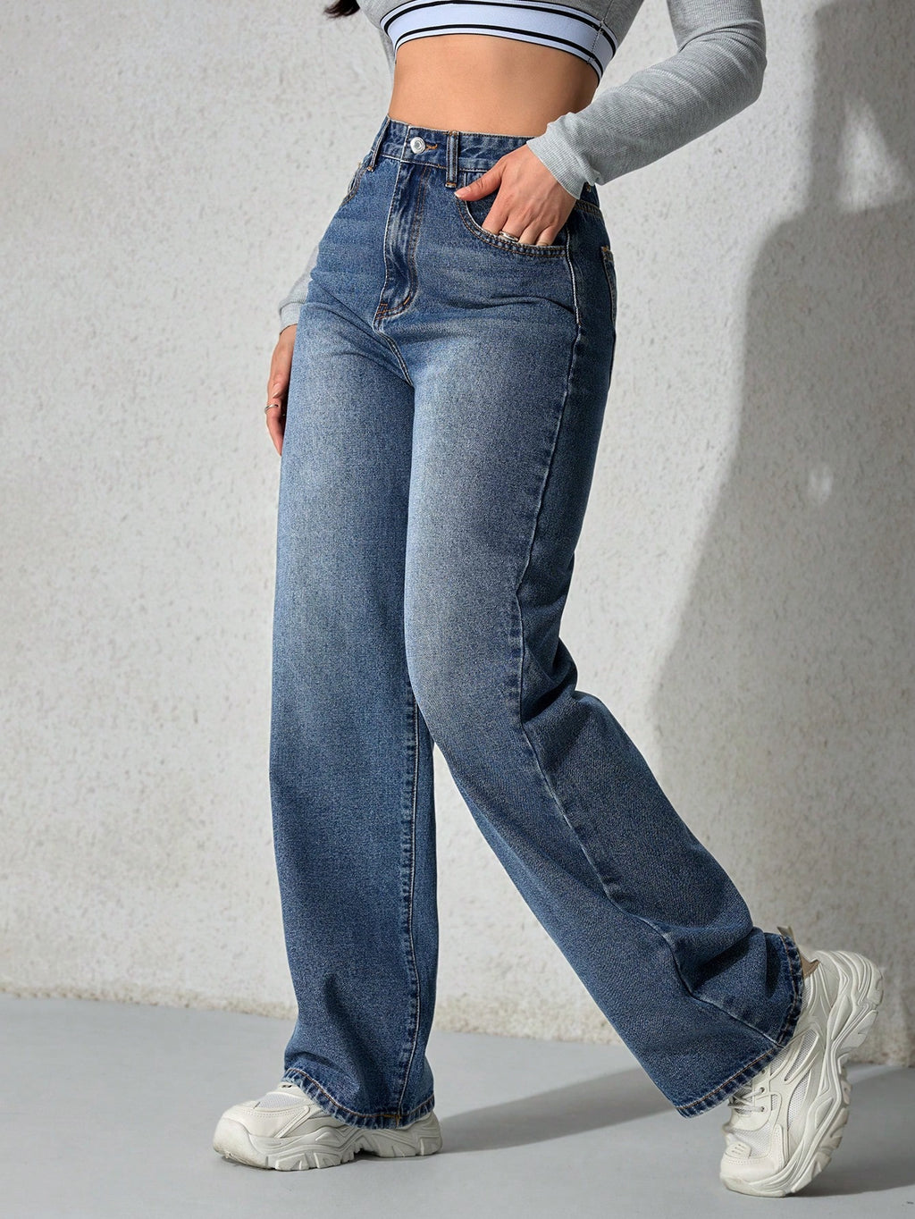 SHEIN x Lina SHEIN ICON Jeans droits taille mi-haute lavés décontractés de style rétro