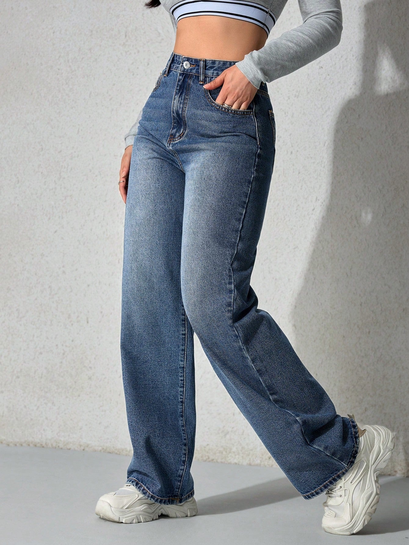 SHEIN x Lina SHEIN ICON Jeans droits taille mi-haute lavés décontractés de style rétro