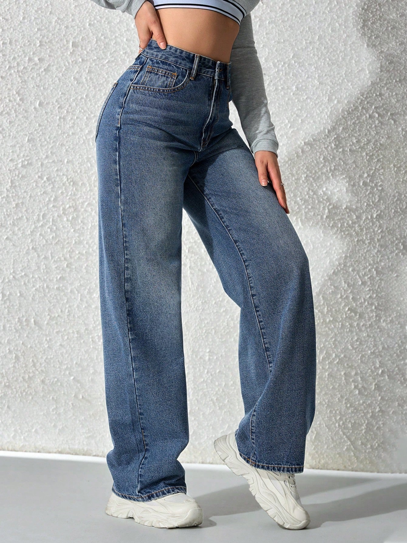 SHEIN x Lina SHEIN ICON Jeans droits taille mi-haute lavés décontractés de style rétro