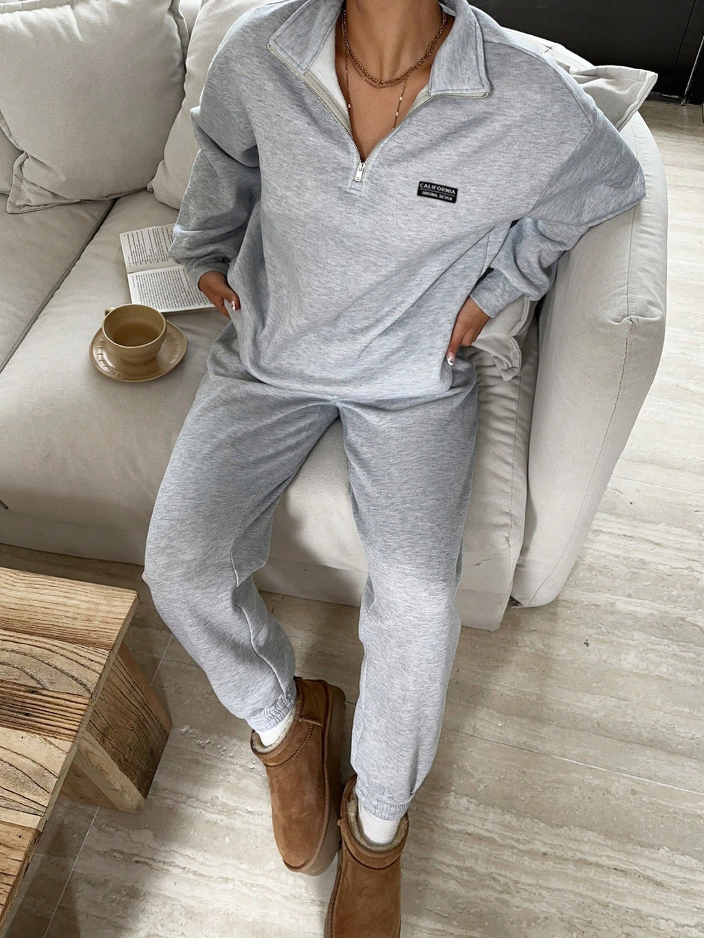 Slaydiva Ensemble sweat-shirt à col montant, demi-zip et pantalon, style western décontracté avec logo de cheval, coupe ample, doublé thermique, pour femmes. Convient pour l'automne/l'hiver