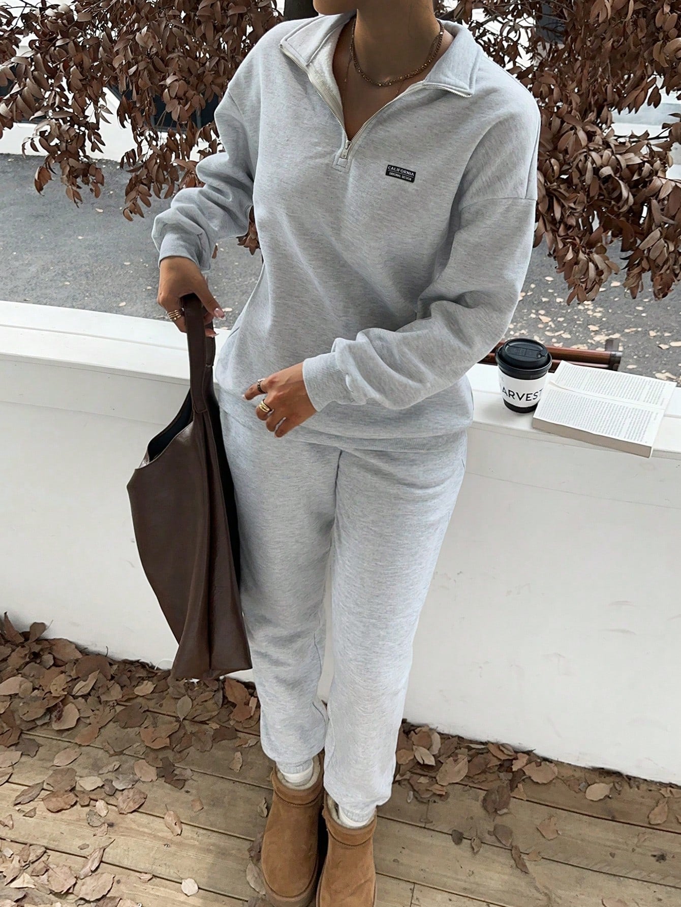 Slaydiva Ensemble sweat-shirt à col montant, demi-zip et pantalon, style western décontracté avec logo de cheval, coupe ample, doublé thermique, pour femmes. Convient pour l'automne/l'hiver