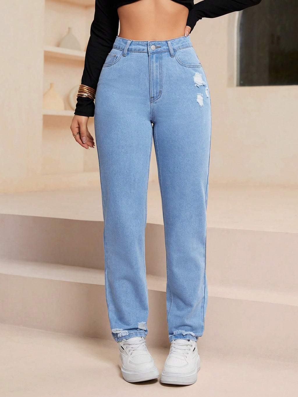 SHEIN EZwear Jeans décontractés polyvalents en denim avec jambes fuselées et poches pour femmes