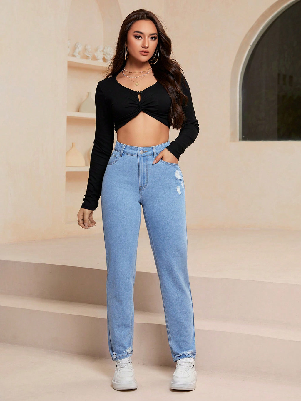 SHEIN EZwear Jeans décontractés polyvalents en denim avec jambes fuselées et poches pour femmes