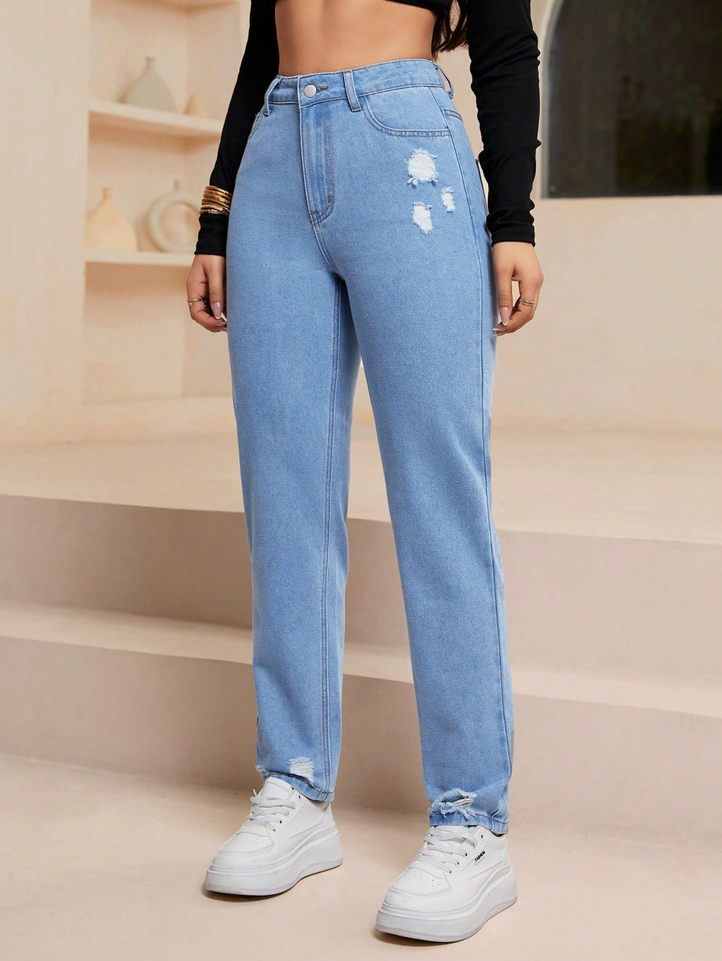 SHEIN EZwear Jeans décontractés polyvalents en denim avec jambes fuselées et poches pour femmes