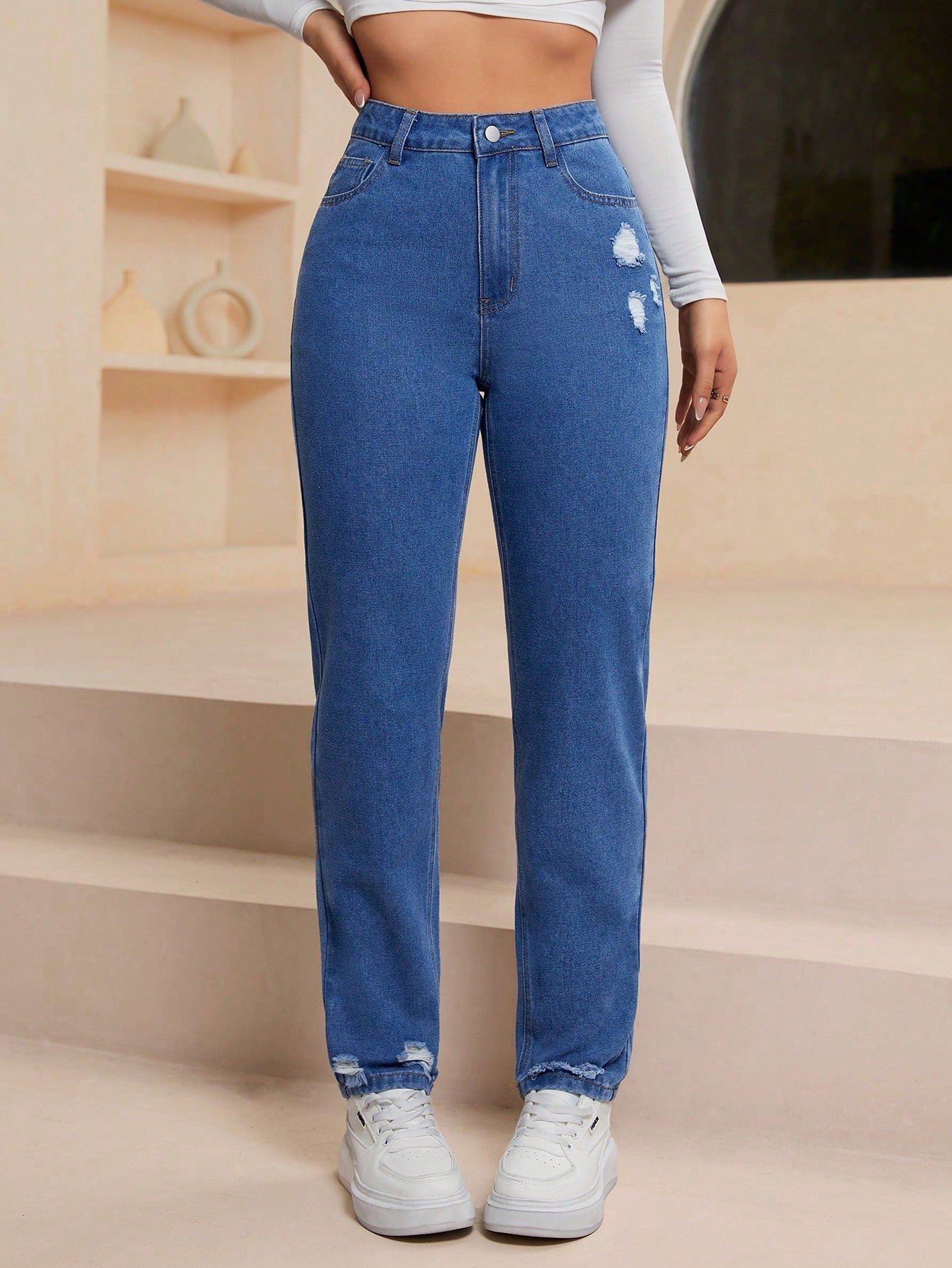 SHEIN EZwear Jeans décontractés polyvalents en denim avec jambes fuselées et poches pour femmes