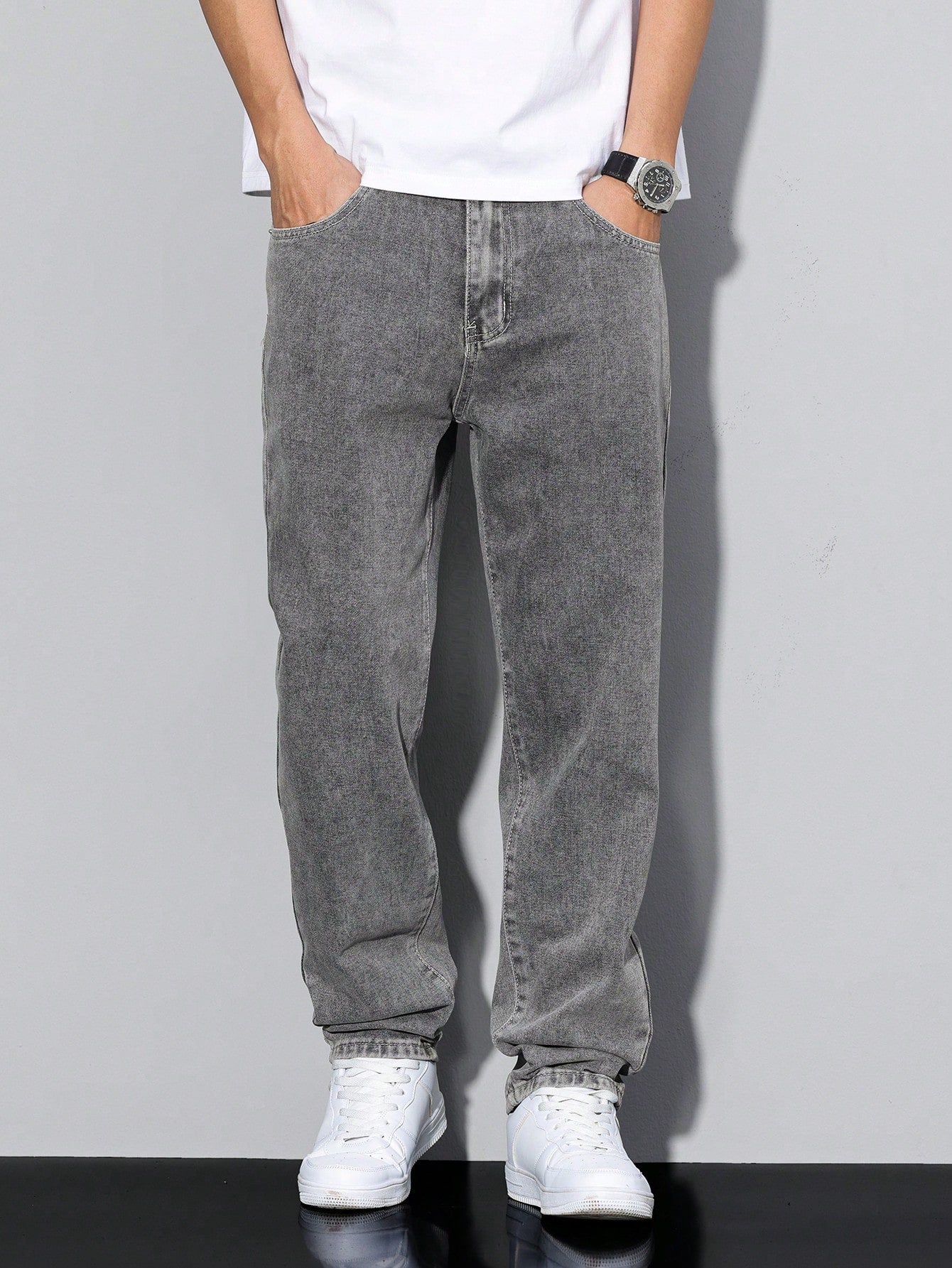 Manfinity Homme Jeans en denim fuselé délavé pour hommes, style décontracté