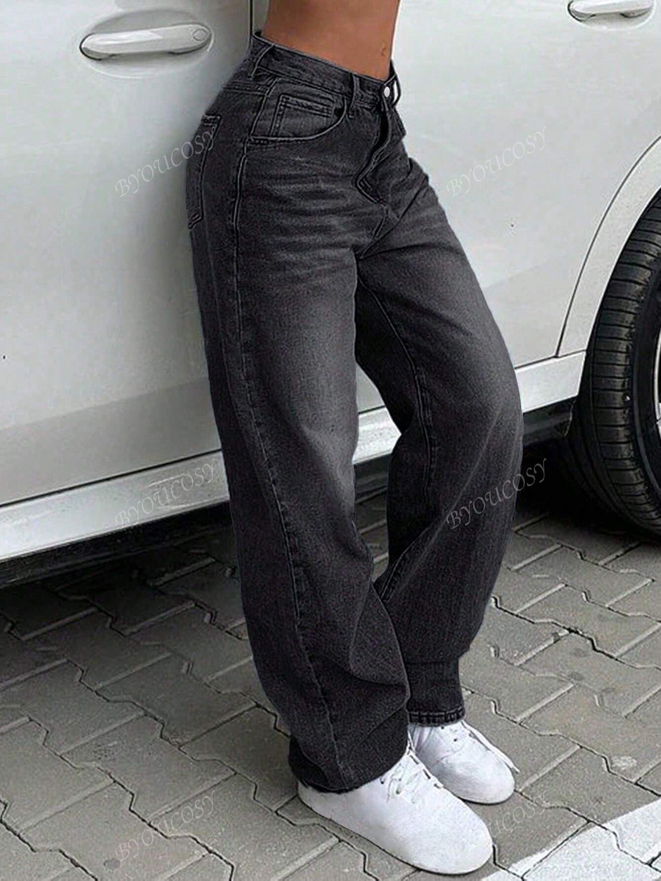 Pantalon en jean droit empilé ample rétro pour femmes
