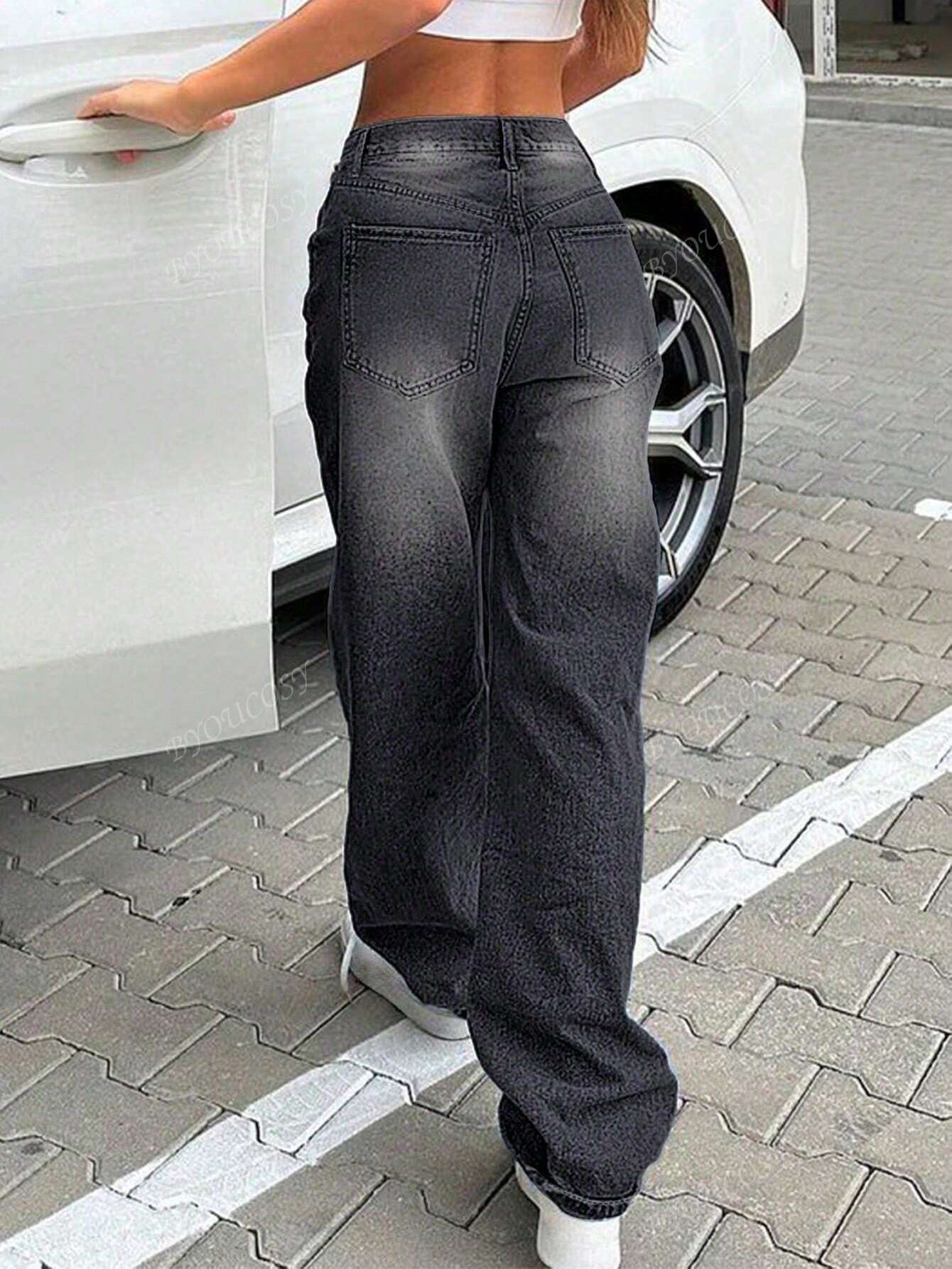 Pantalon en jean droit empilé ample rétro pour femmes