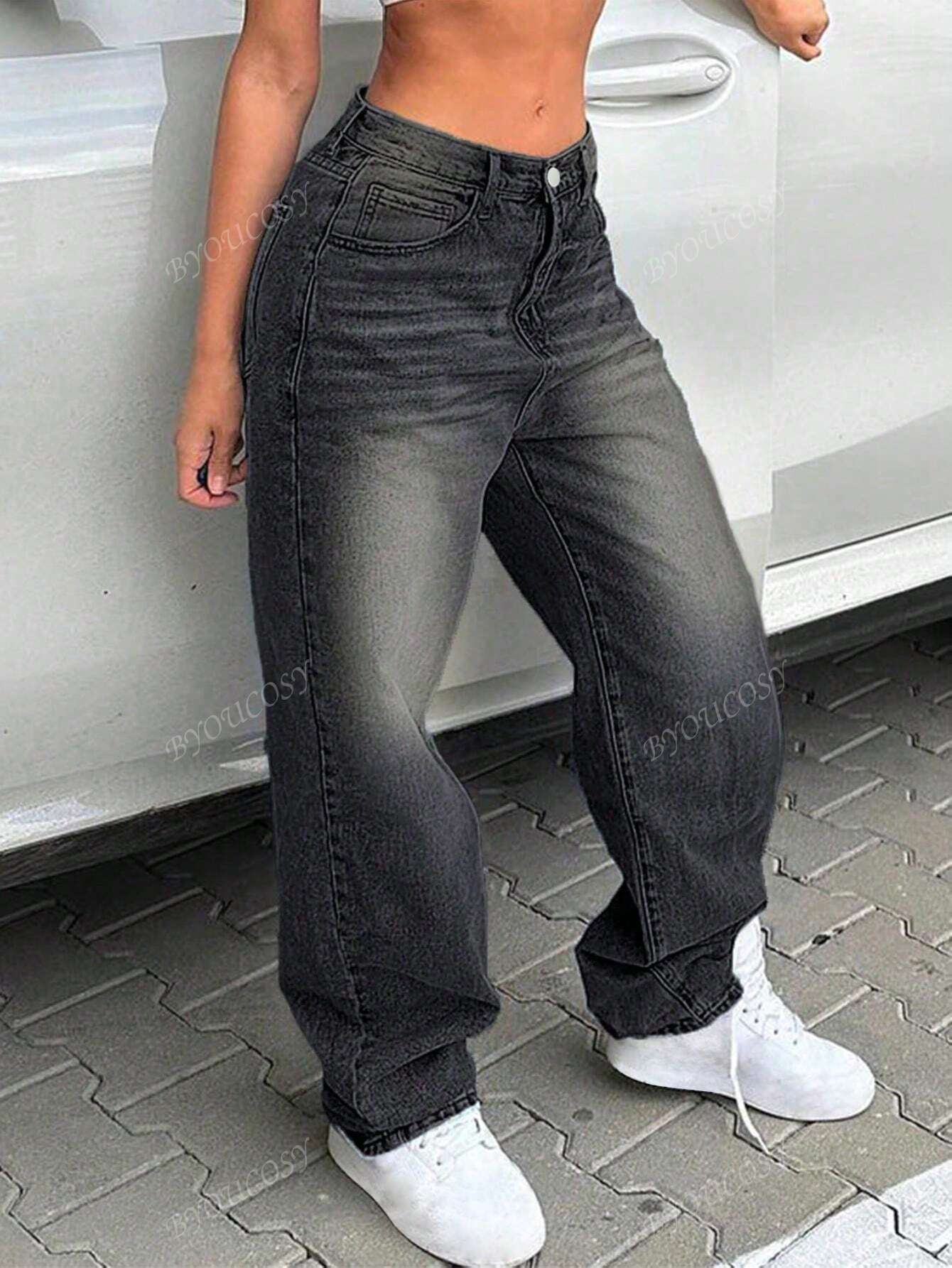 Pantalon en jean droit empilé ample rétro pour femmes