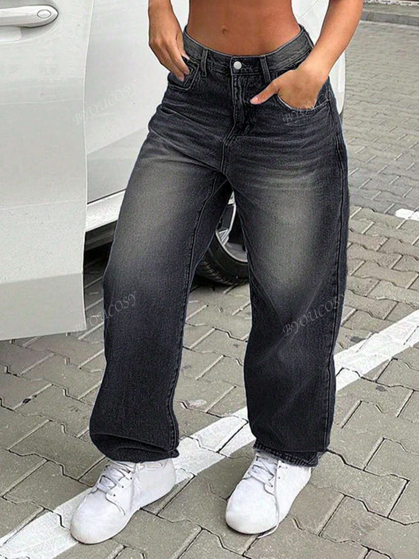 Pantalon en jean droit empilé ample rétro pour femmes
