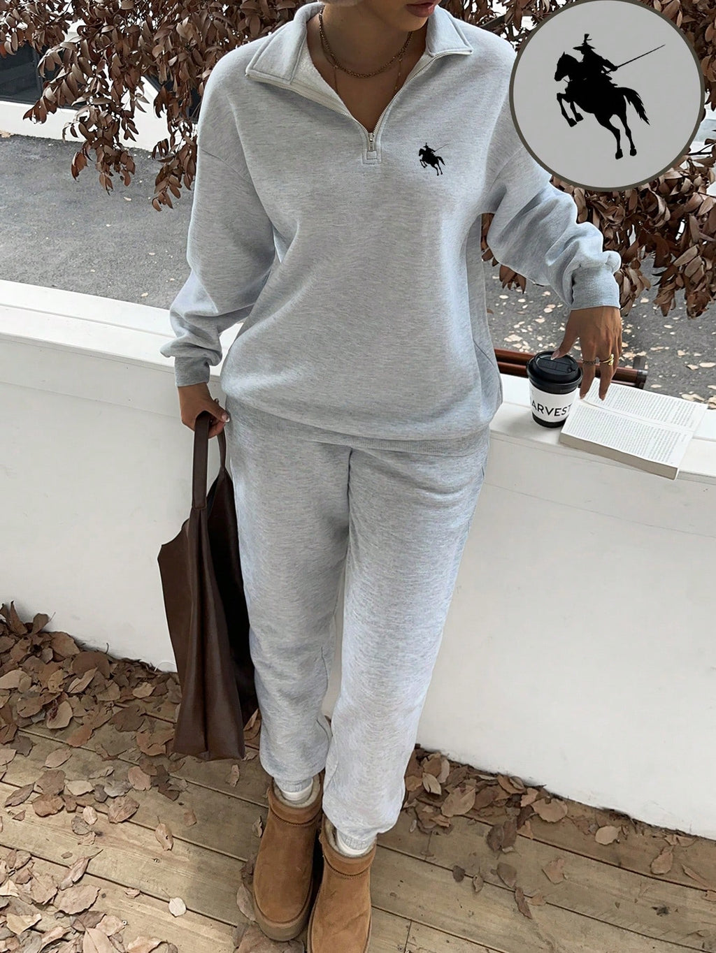 Slaydiva Ensemble sweat-shirt à col montant, demi-zip et pantalon, style western décontracté avec logo de cheval, coupe ample, doublé thermique, pour femmes. Convient pour l'automne/l'hiver