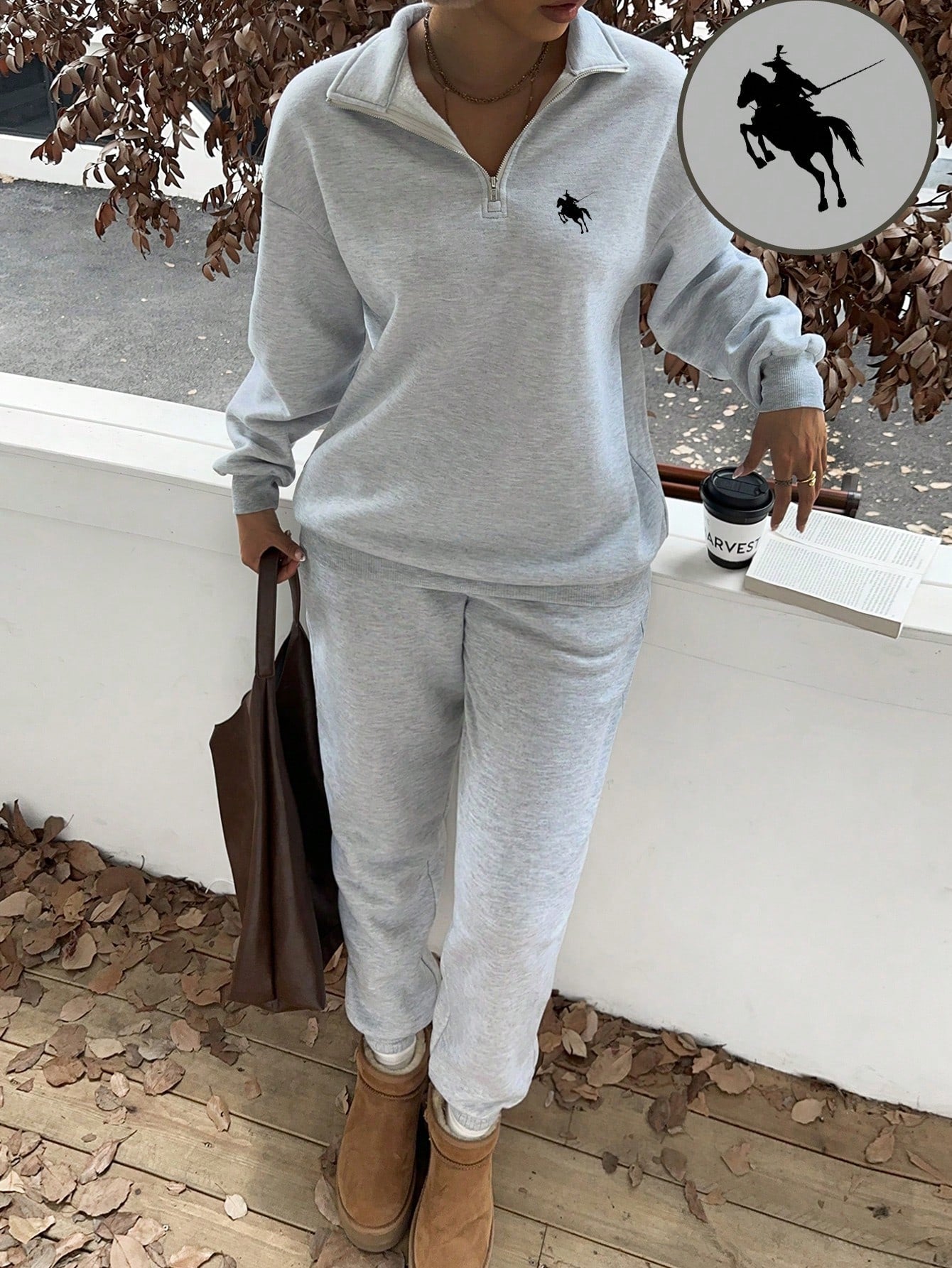 Slaydiva Ensemble sweat-shirt à col montant, demi-zip et pantalon, style western décontracté avec logo de cheval, coupe ample, doublé thermique, pour femmes. Convient pour l'automne/l'hiver