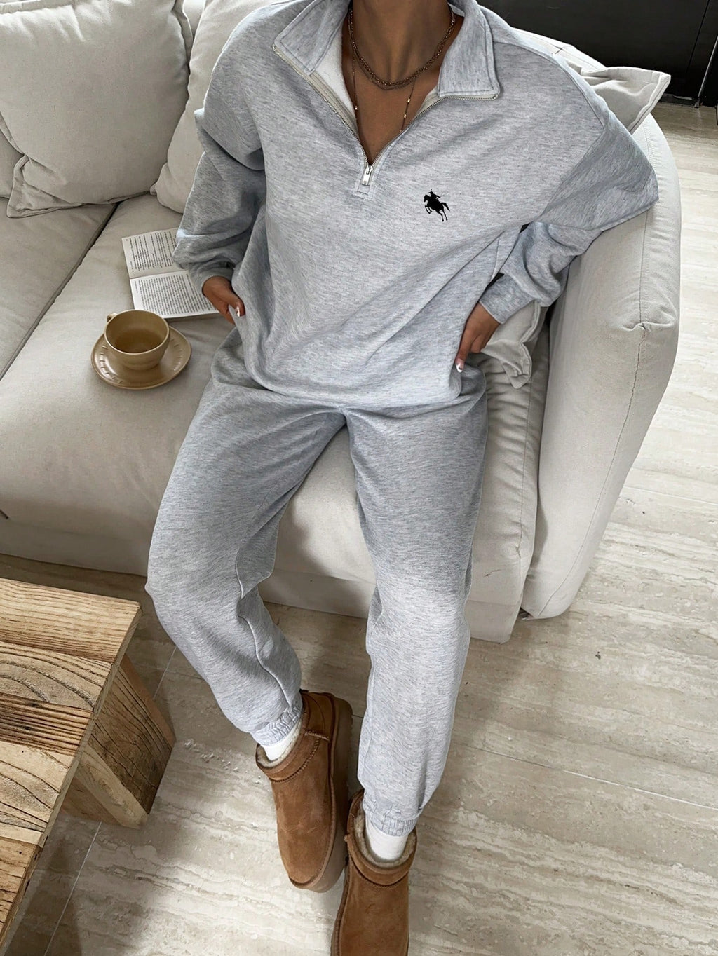 Slaydiva Ensemble sweat-shirt à col montant, demi-zip et pantalon, style western décontracté avec logo de cheval, coupe ample, doublé thermique, pour femmes. Convient pour l'automne/l'hiver