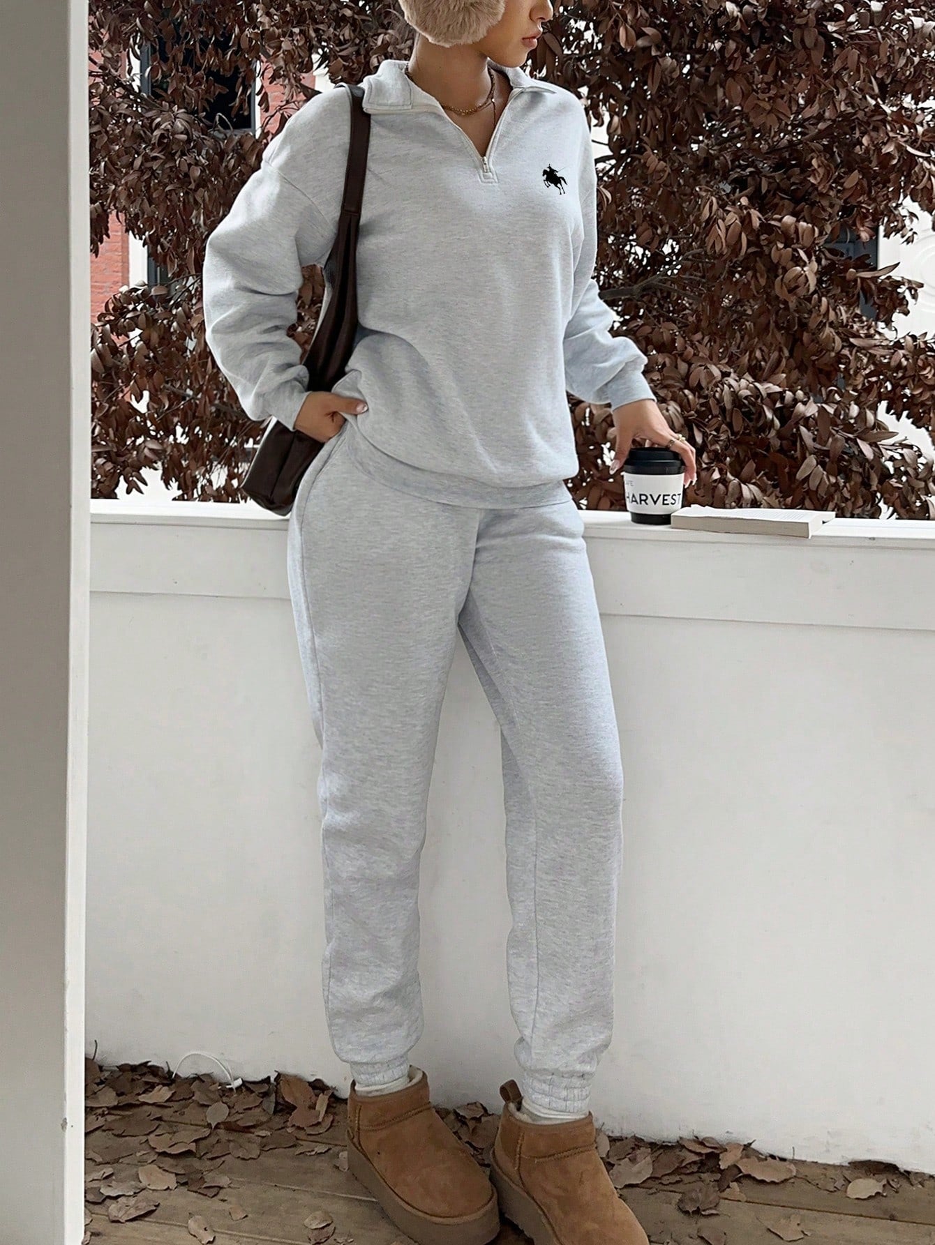 Slaydiva Ensemble sweat-shirt à col montant, demi-zip et pantalon, style western décontracté avec logo de cheval, coupe ample, doublé thermique, pour femmes. Convient pour l'automne/l'hiver
