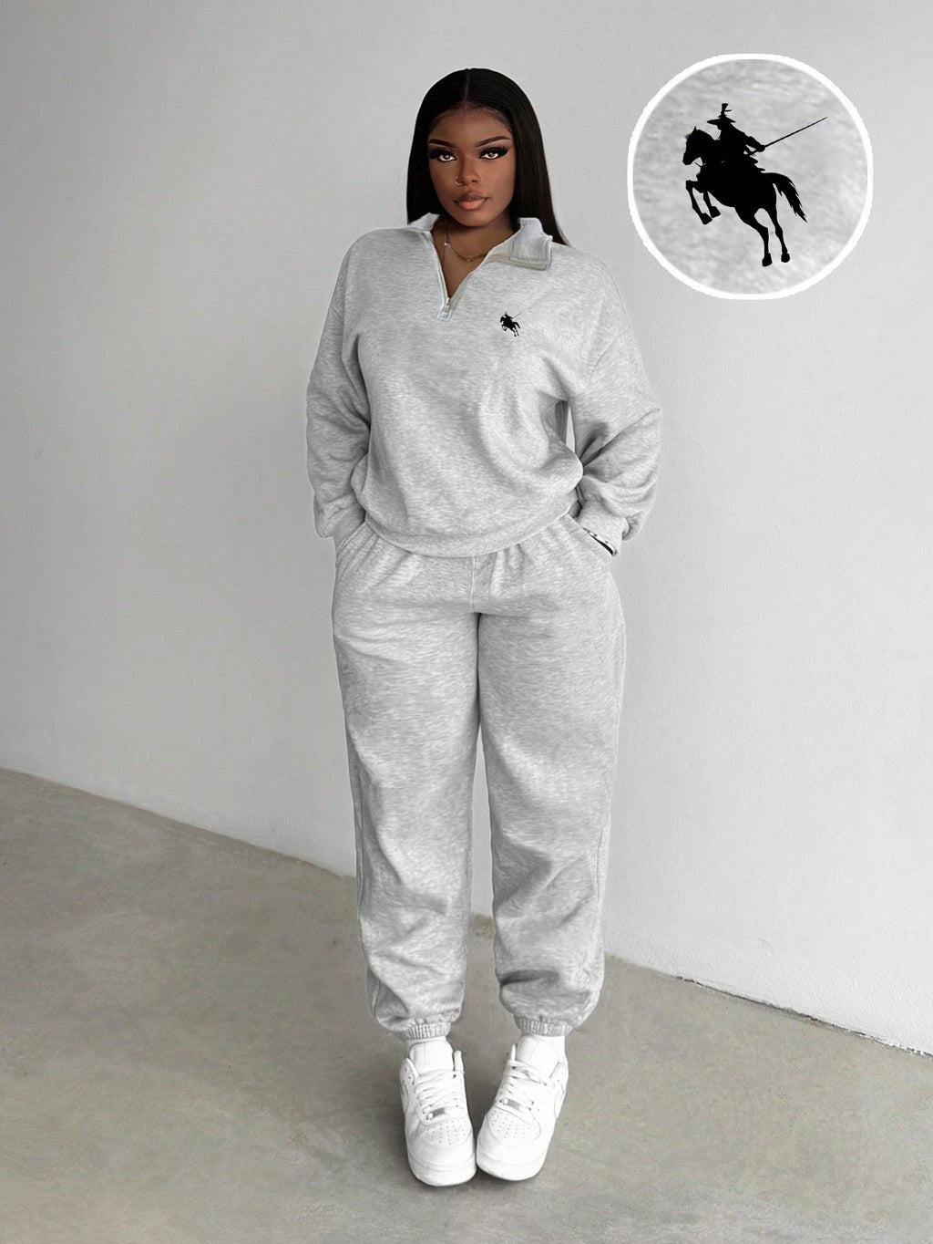 Slaydiva Ensemble sweat-shirt à col montant, demi-zip et pantalon, style western décontracté avec logo de cheval, coupe ample, doublé thermique, pour femmes. Convient pour l'automne/l'hiver