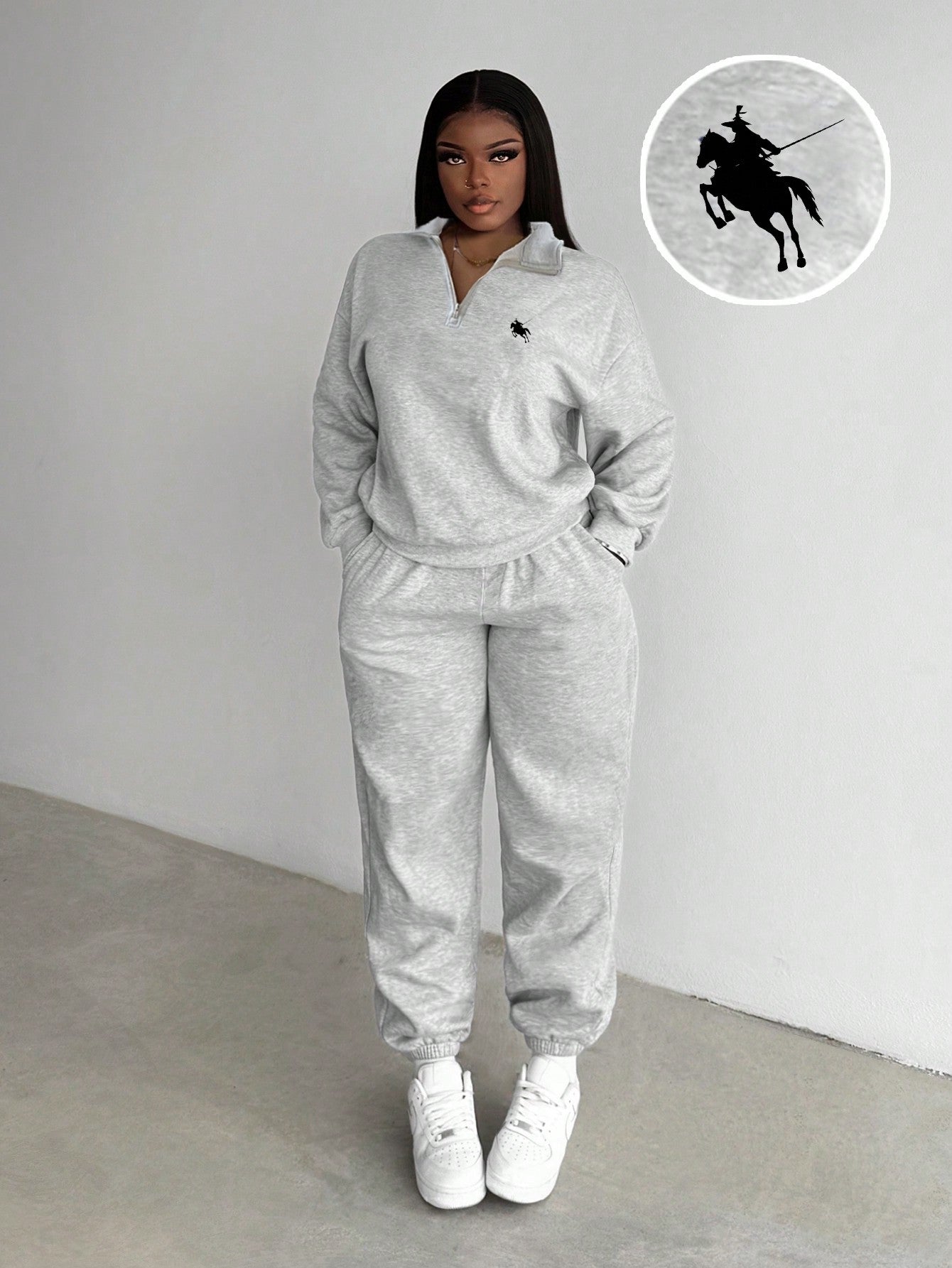 Slaydiva Ensemble sweat-shirt à col montant, demi-zip et pantalon, style western décontracté avec logo de cheval, coupe ample, doublé thermique, pour femmes. Convient pour l'automne/l'hiver