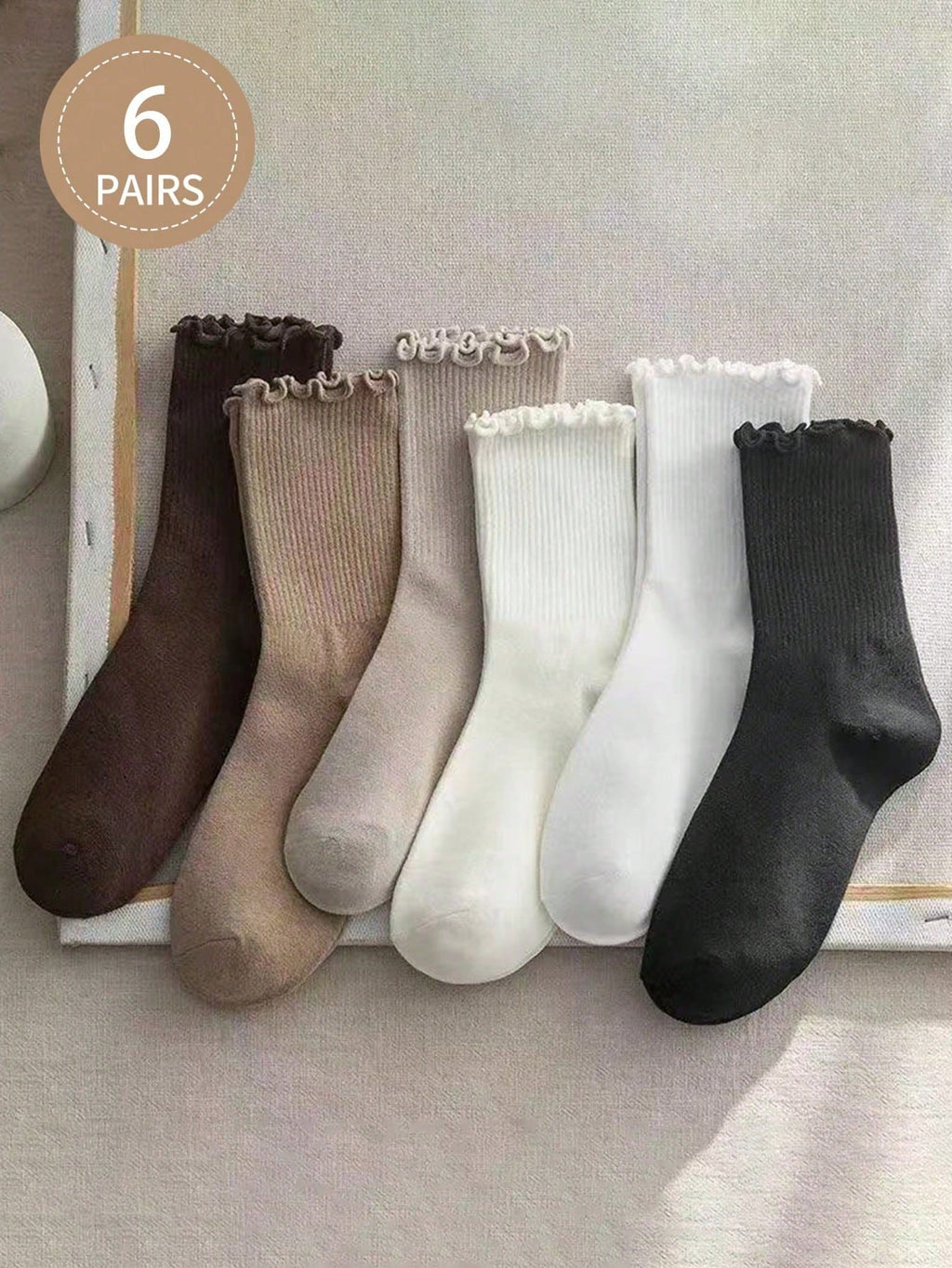 6 paires de chaussettes mi-mollet japonaises tendance, simples, au style universitaire britannique tendance, avec bordure en forme de champignon