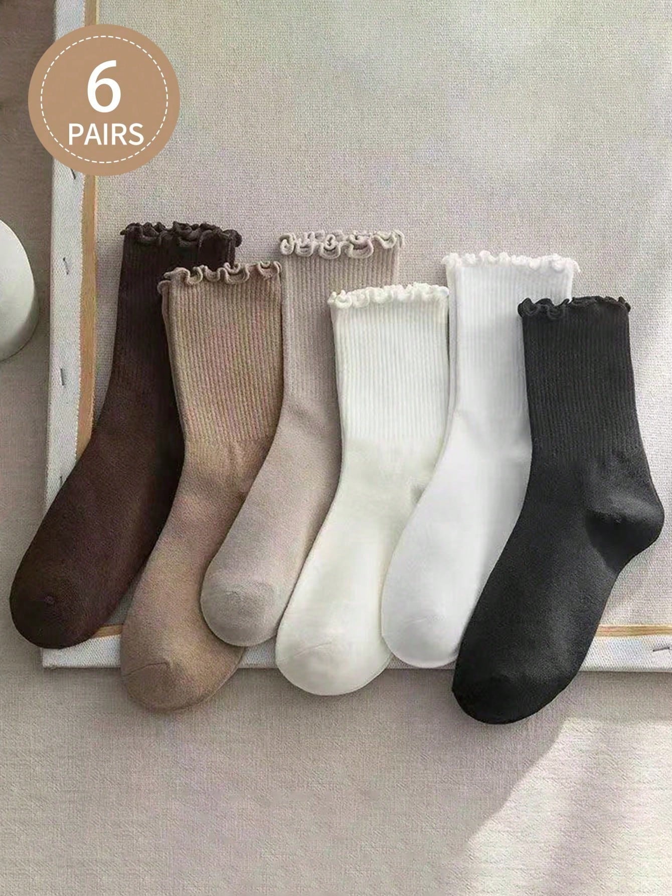 6 paires de chaussettes mi-mollet japonaises tendance, simples, au style universitaire britannique tendance, avec bordure en forme de champignon