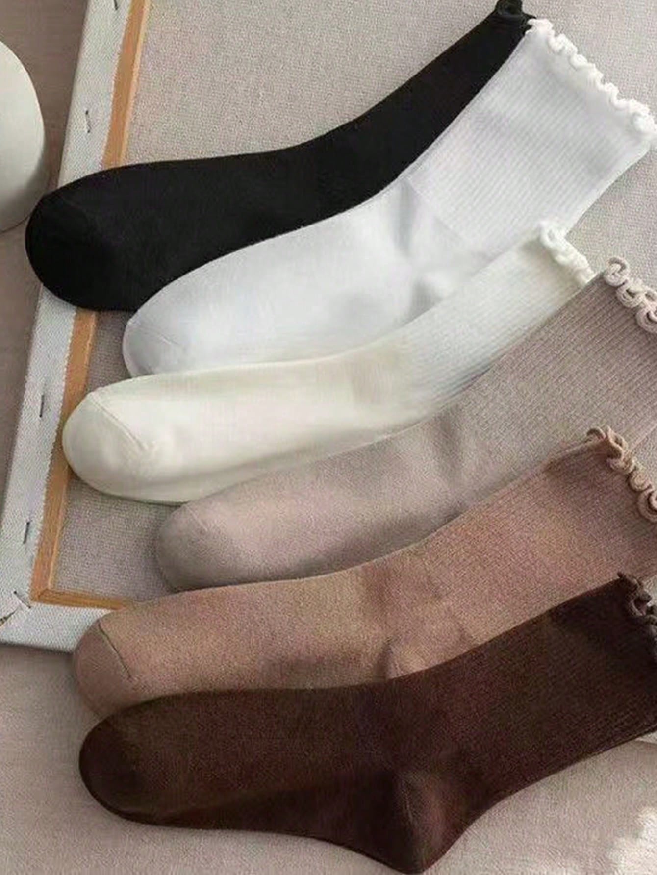 6 paires de chaussettes mi-mollet japonaises tendance, simples, au style universitaire britannique tendance, avec bordure en forme de champignon