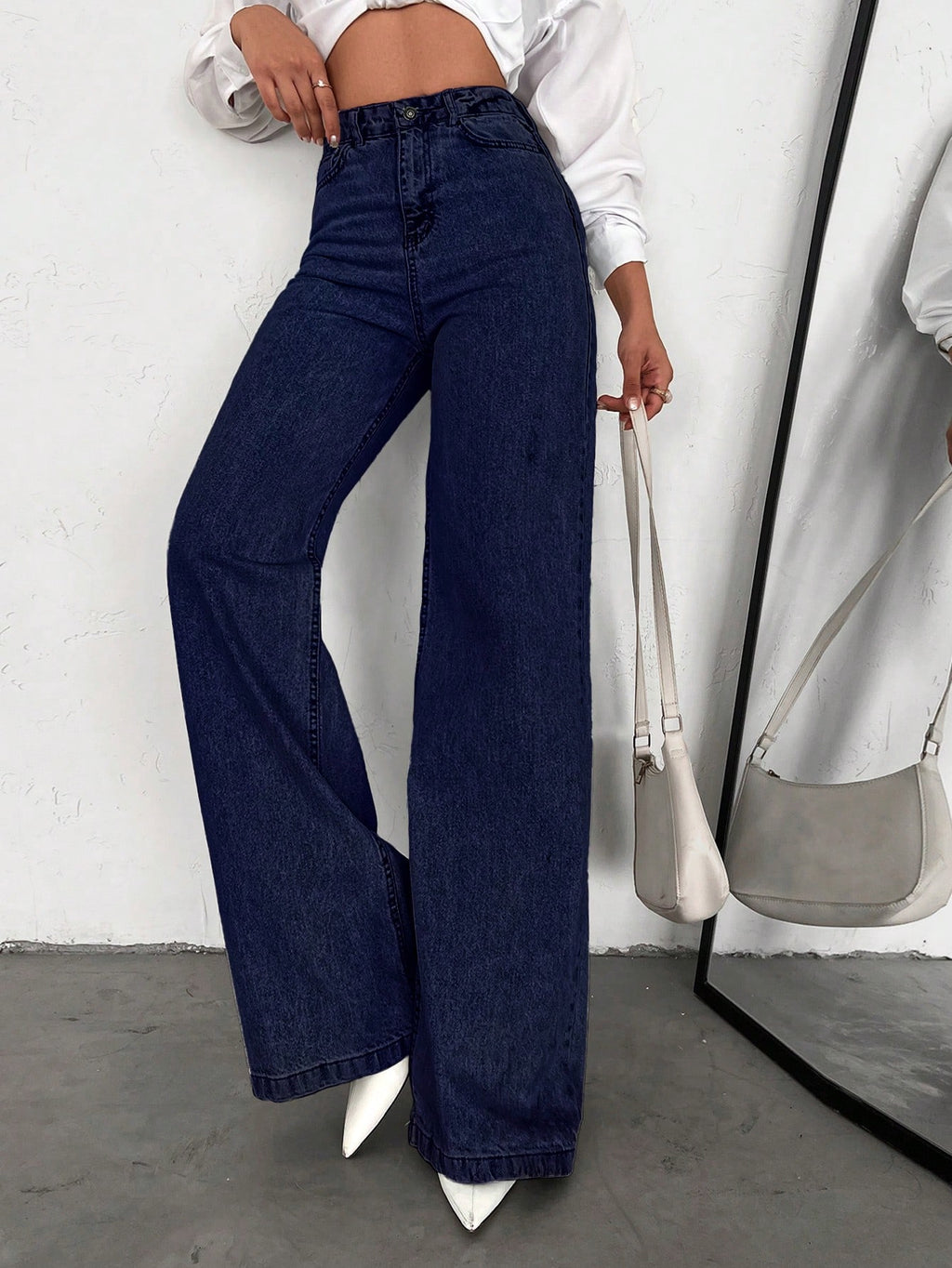 SHEIN Tall Jean grande taille à jambe large et ourlet long, 100% coton