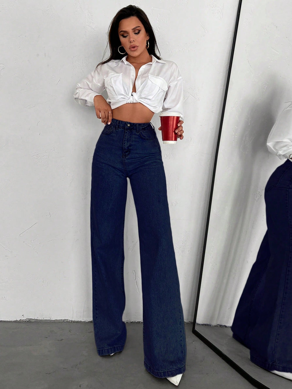 SHEIN Tall Jean grande taille à jambe large et ourlet long, 100% coton