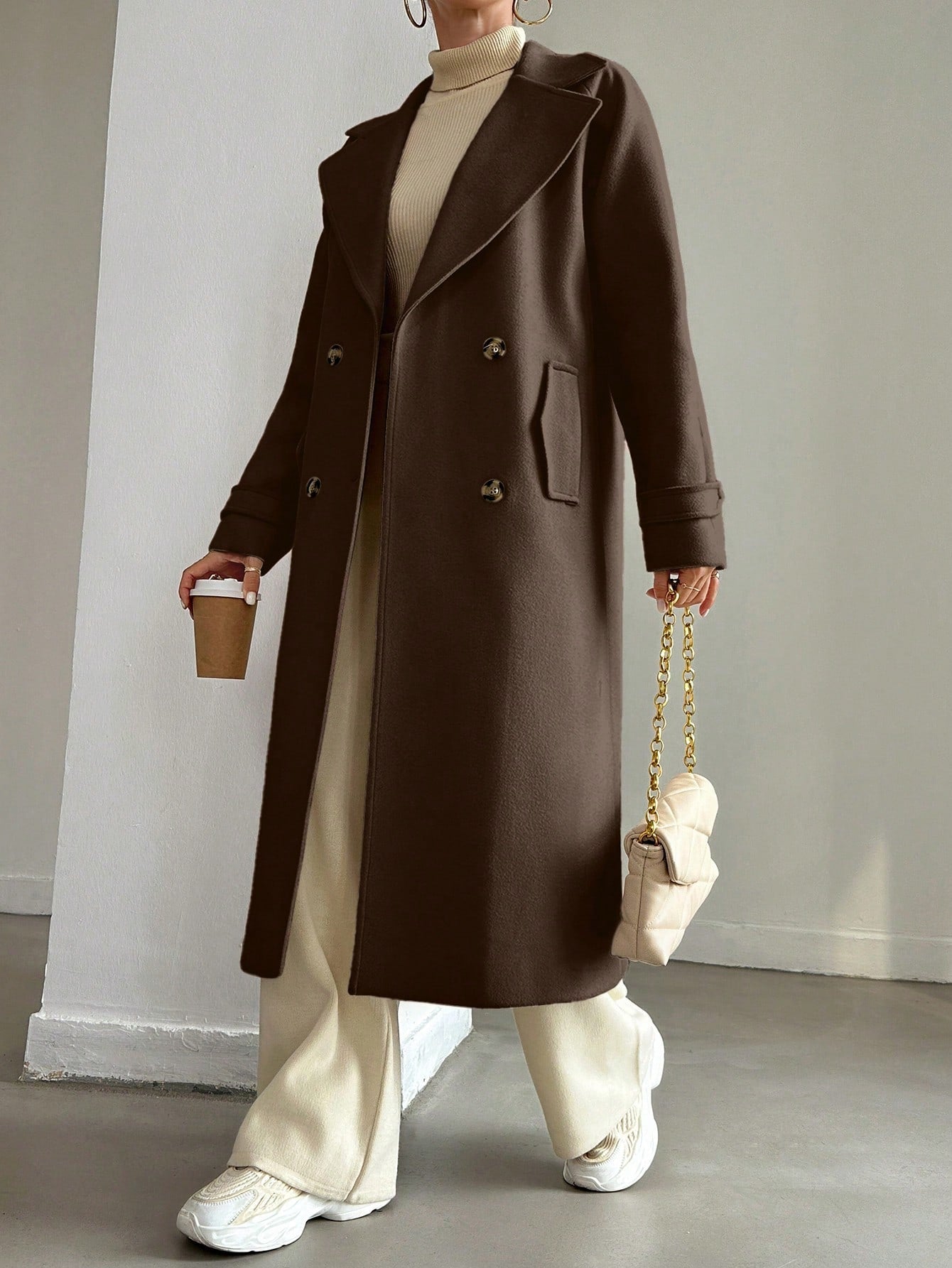 SHEIN Manteau En Laine Double Boutonnage Pour Femmes Couleur Unie Avec Col De Costume