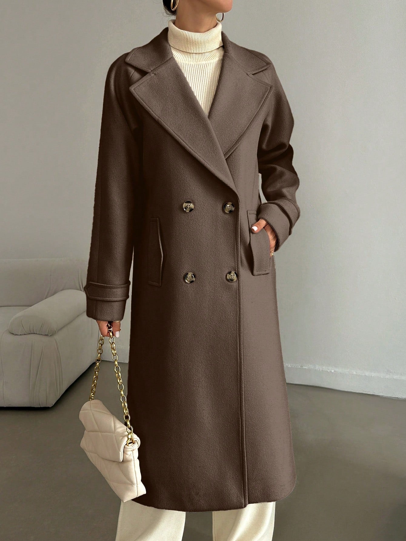 SHEIN Manteau En Laine Double Boutonnage Pour Femmes Couleur Unie Avec Col De Costume