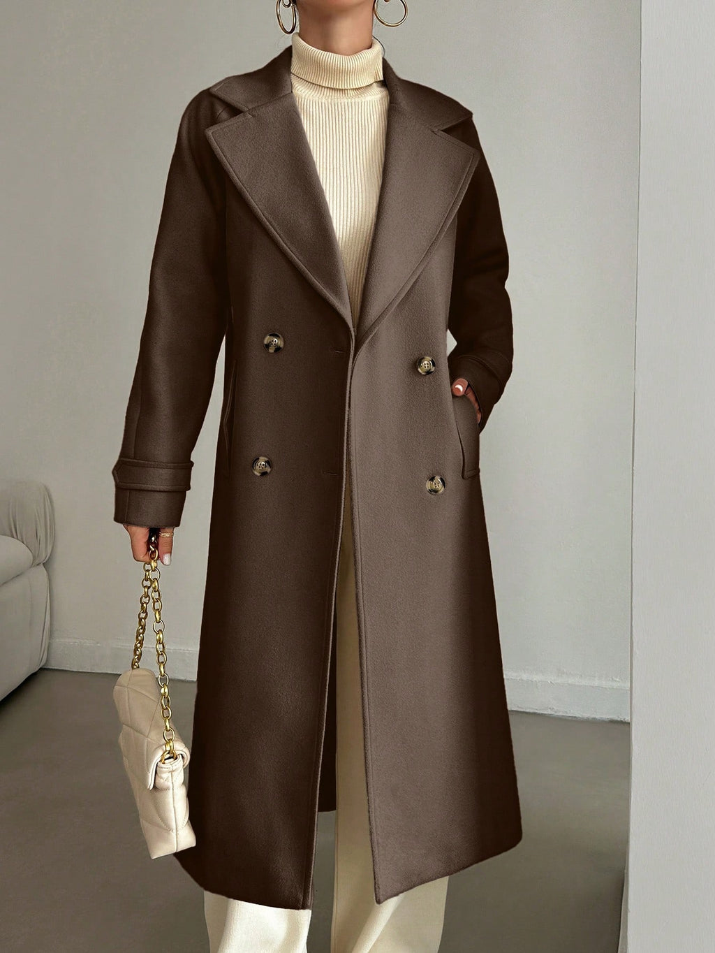 SHEIN Manteau En Laine Double Boutonnage Pour Femmes Couleur Unie Avec Col De Costume