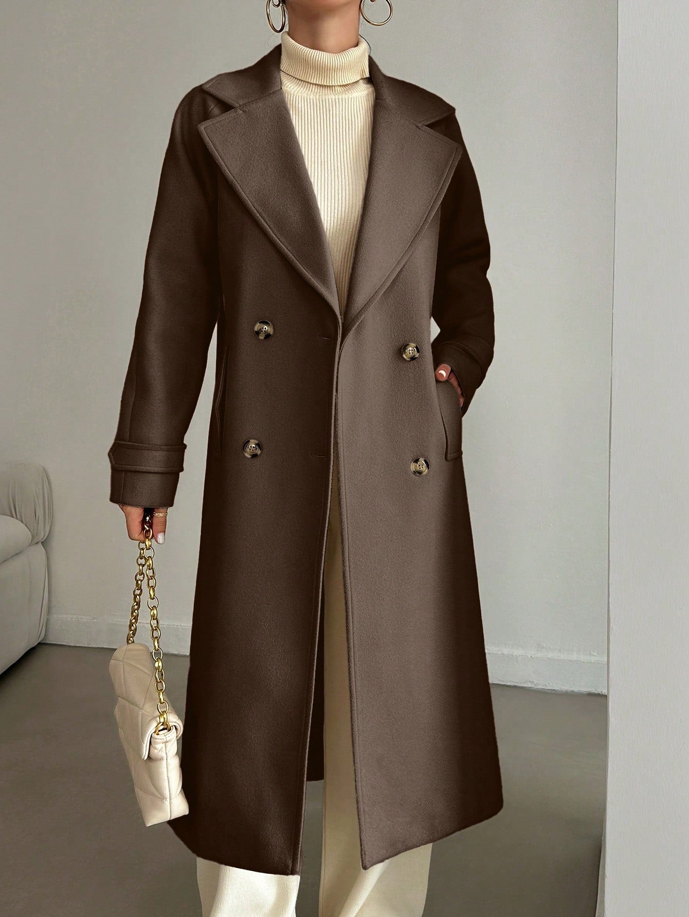 SHEIN Manteau En Laine Double Boutonnage Pour Femmes Couleur Unie Avec Col De Costume