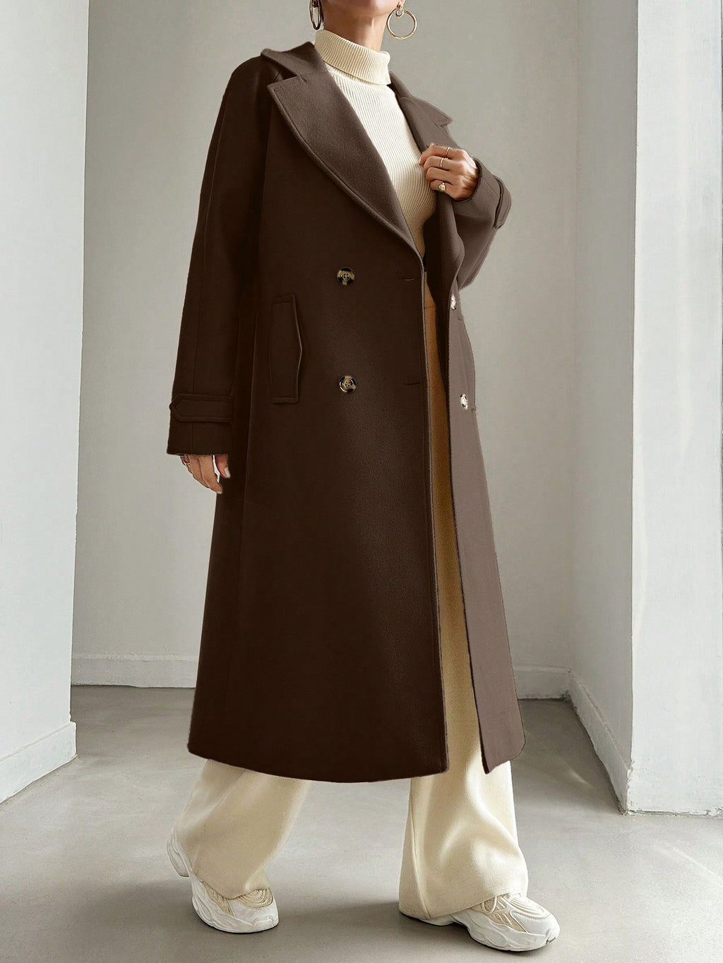 SHEIN Manteau En Laine Double Boutonnage Pour Femmes Couleur Unie Avec Col De Costume