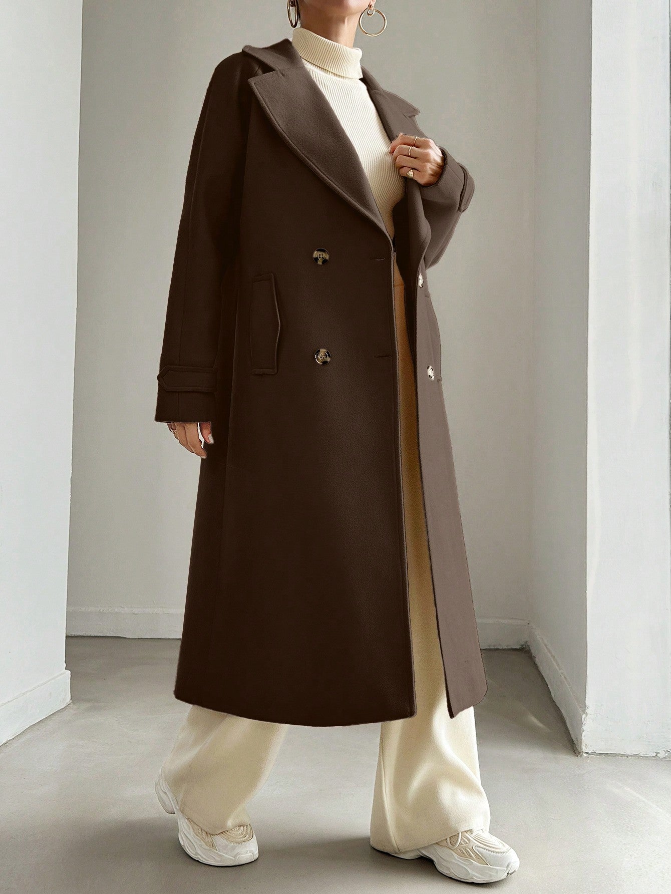 SHEIN Manteau En Laine Double Boutonnage Pour Femmes Couleur Unie Avec Col De Costume