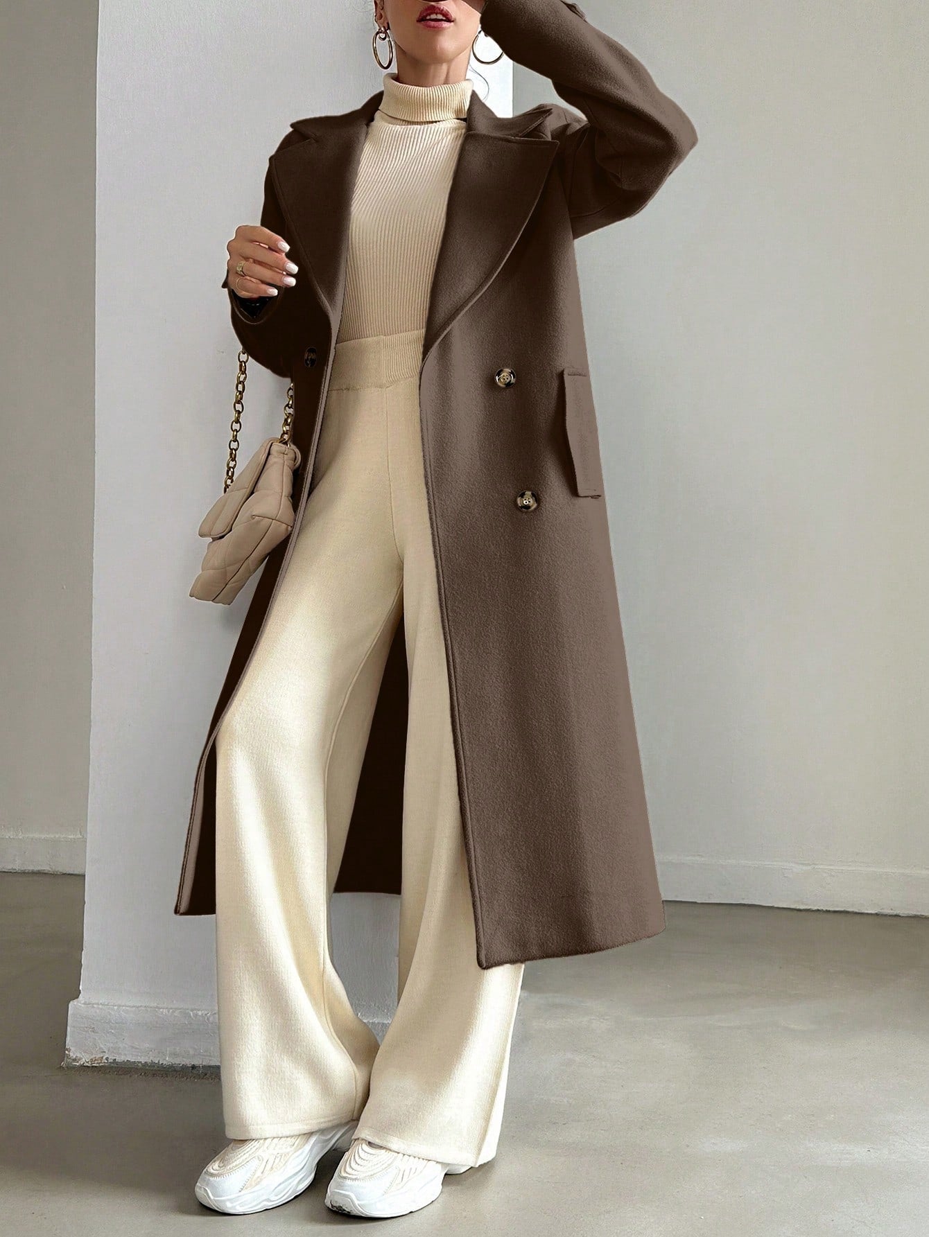SHEIN Manteau En Laine Double Boutonnage Pour Femmes Couleur Unie Avec Col De Costume