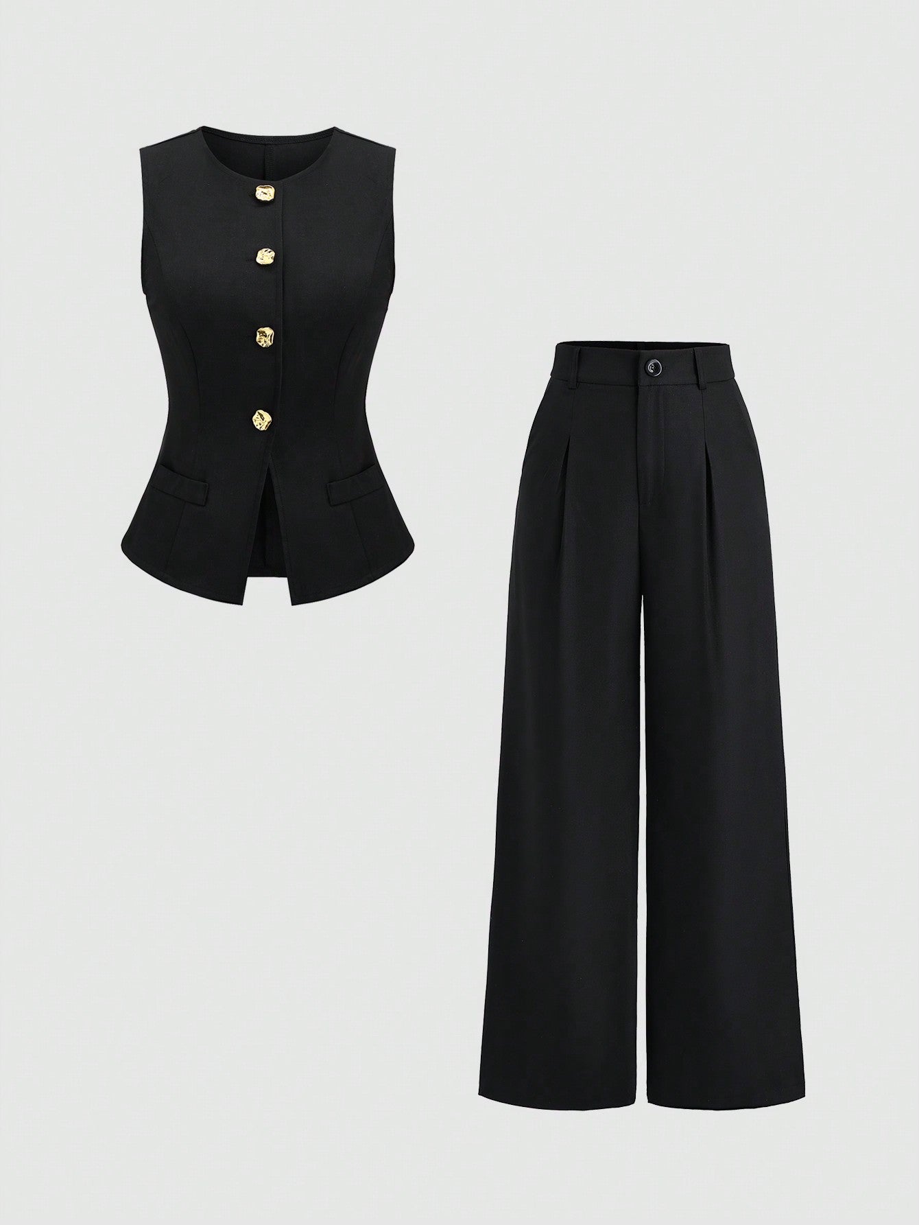 Sweetra Ensemble 2 pièces pour femmes, composé d'un gilet croisé et d'un pantalon large plissé