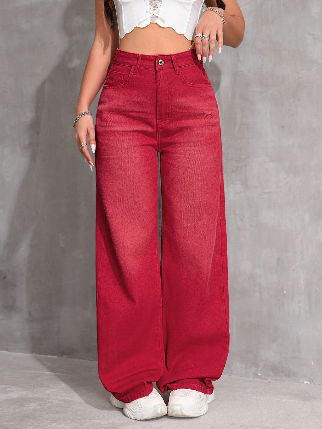 SHEIN x Lina SHEIN ICON Jeans droits taille mi-haute lavés décontractés de style rétro