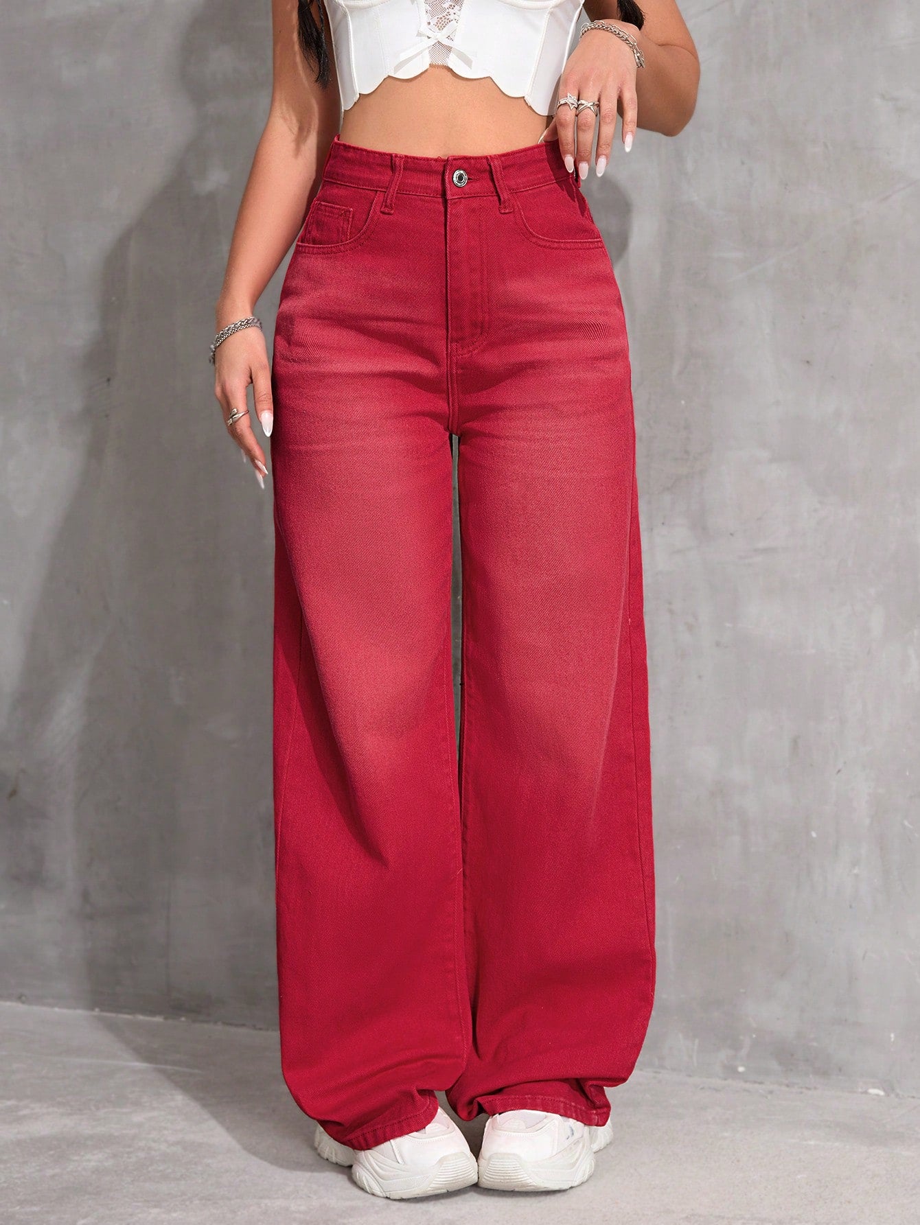 SHEIN x Lina SHEIN ICON Jeans droits taille mi-haute lavés décontractés de style rétro