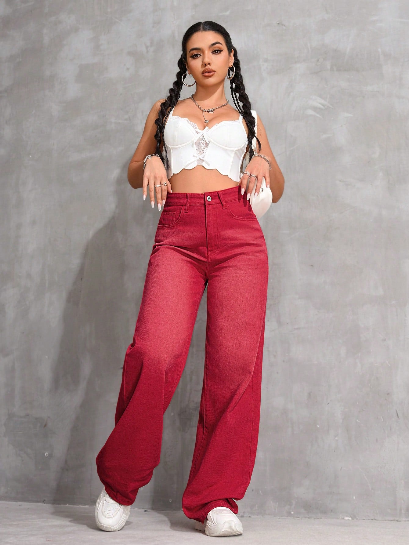 SHEIN x Lina SHEIN ICON Jeans droits taille mi-haute lavés décontractés de style rétro