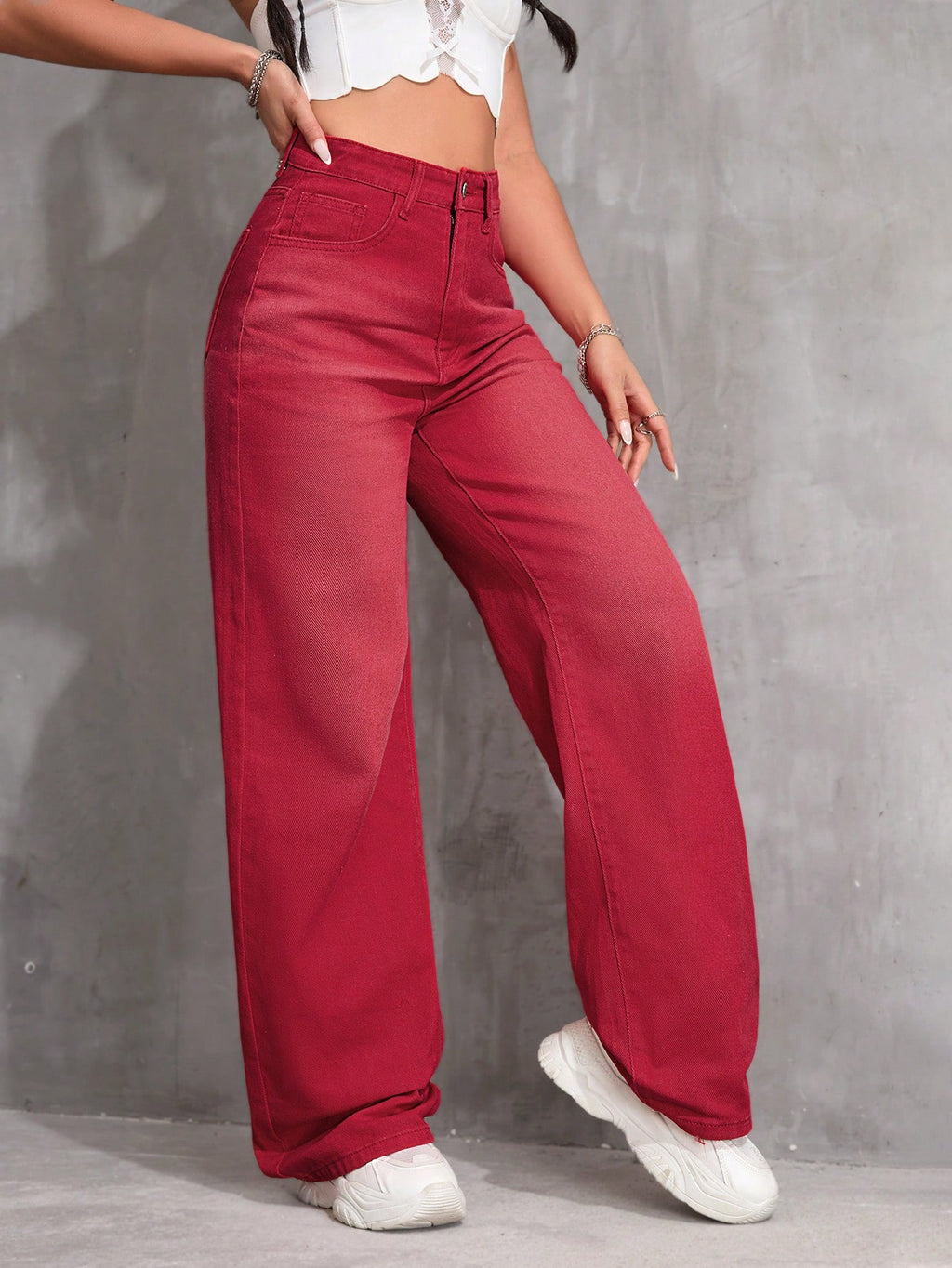 SHEIN x Lina SHEIN ICON Jeans droits taille mi-haute lavés décontractés de style rétro