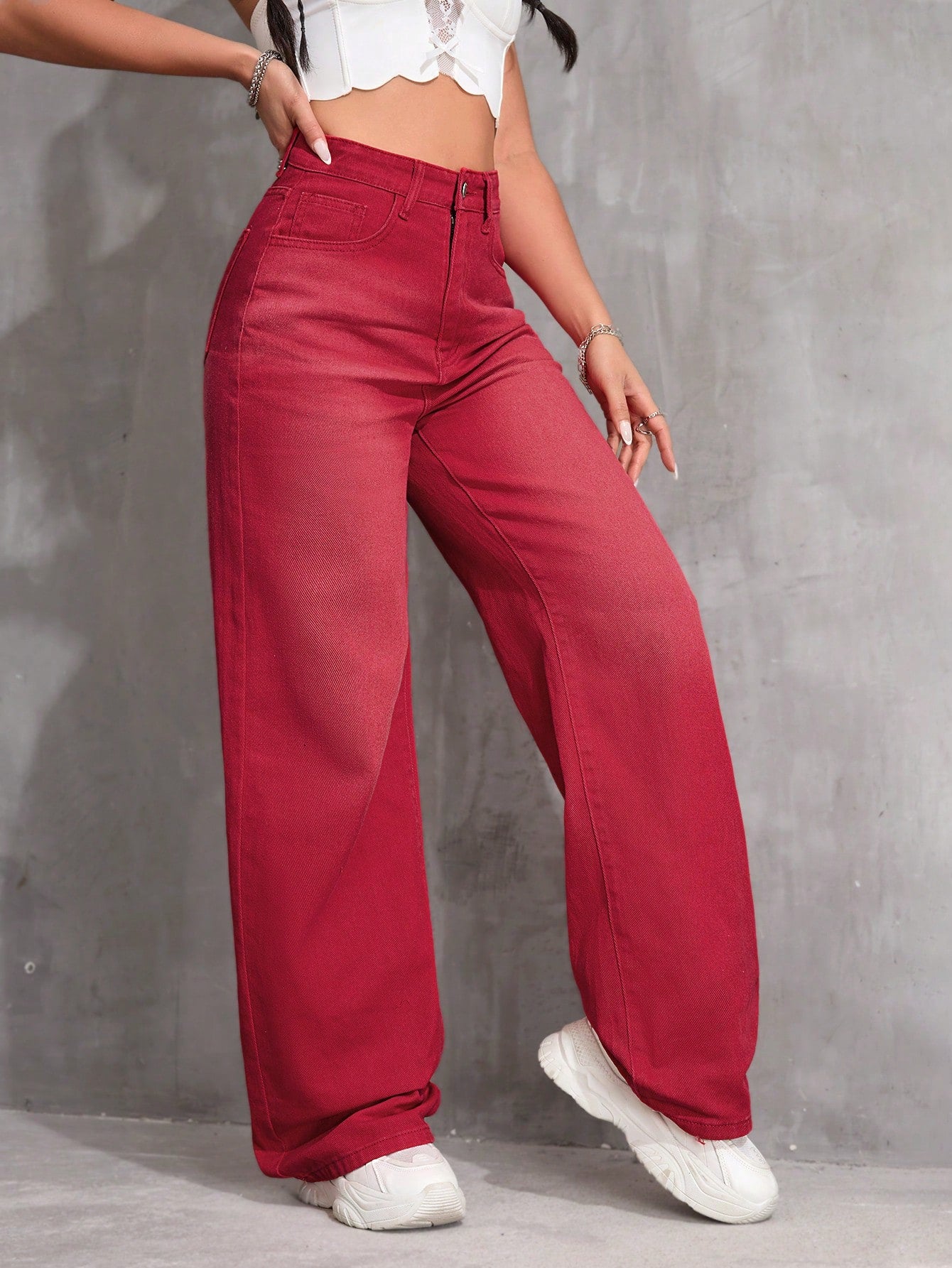 SHEIN x Lina SHEIN ICON Jeans droits taille mi-haute lavés décontractés de style rétro