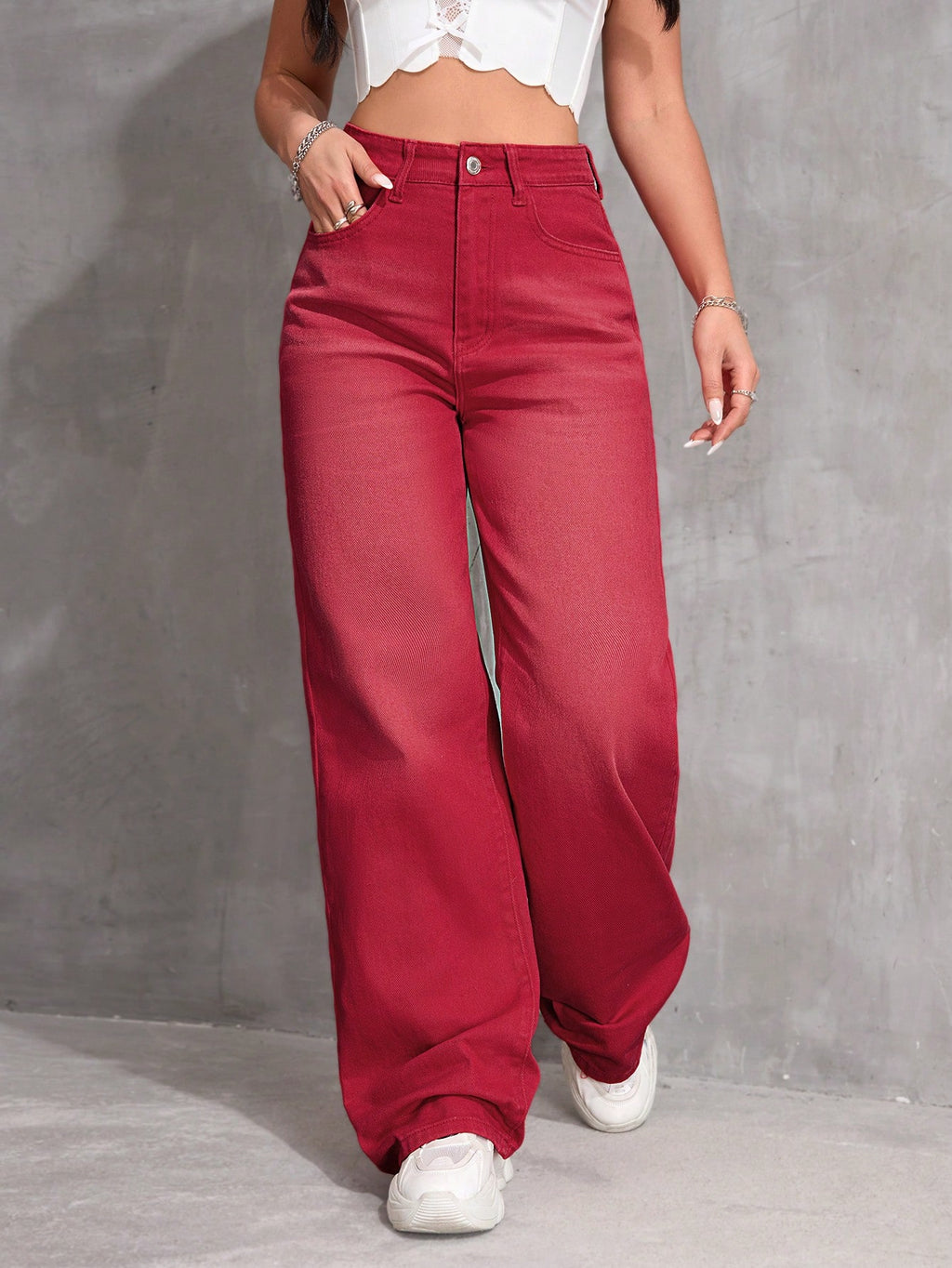 SHEIN x Lina SHEIN ICON Jeans droits taille mi-haute lavés décontractés de style rétro