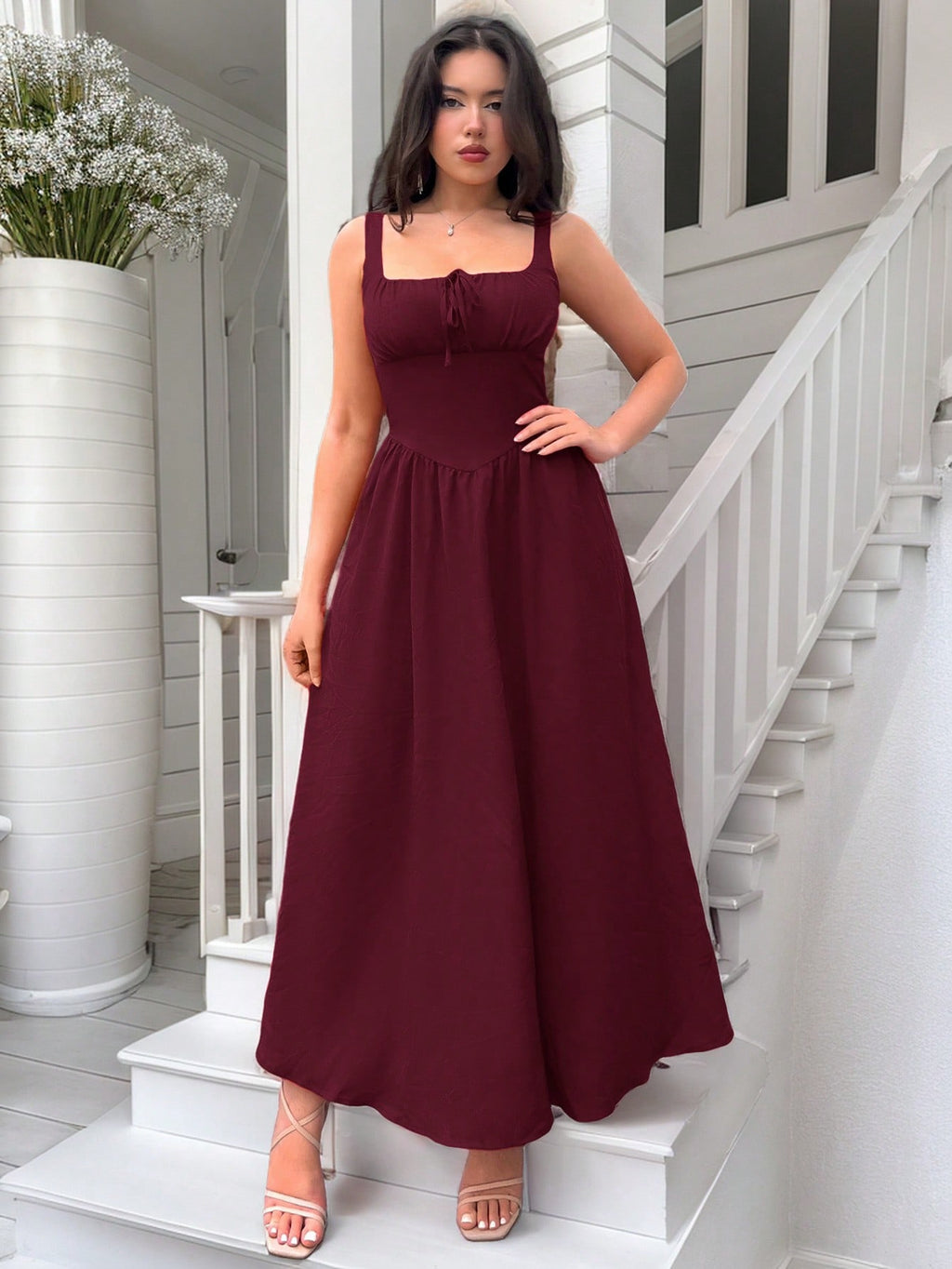 Robe longue romantique rouge à encolure carrée pour femme