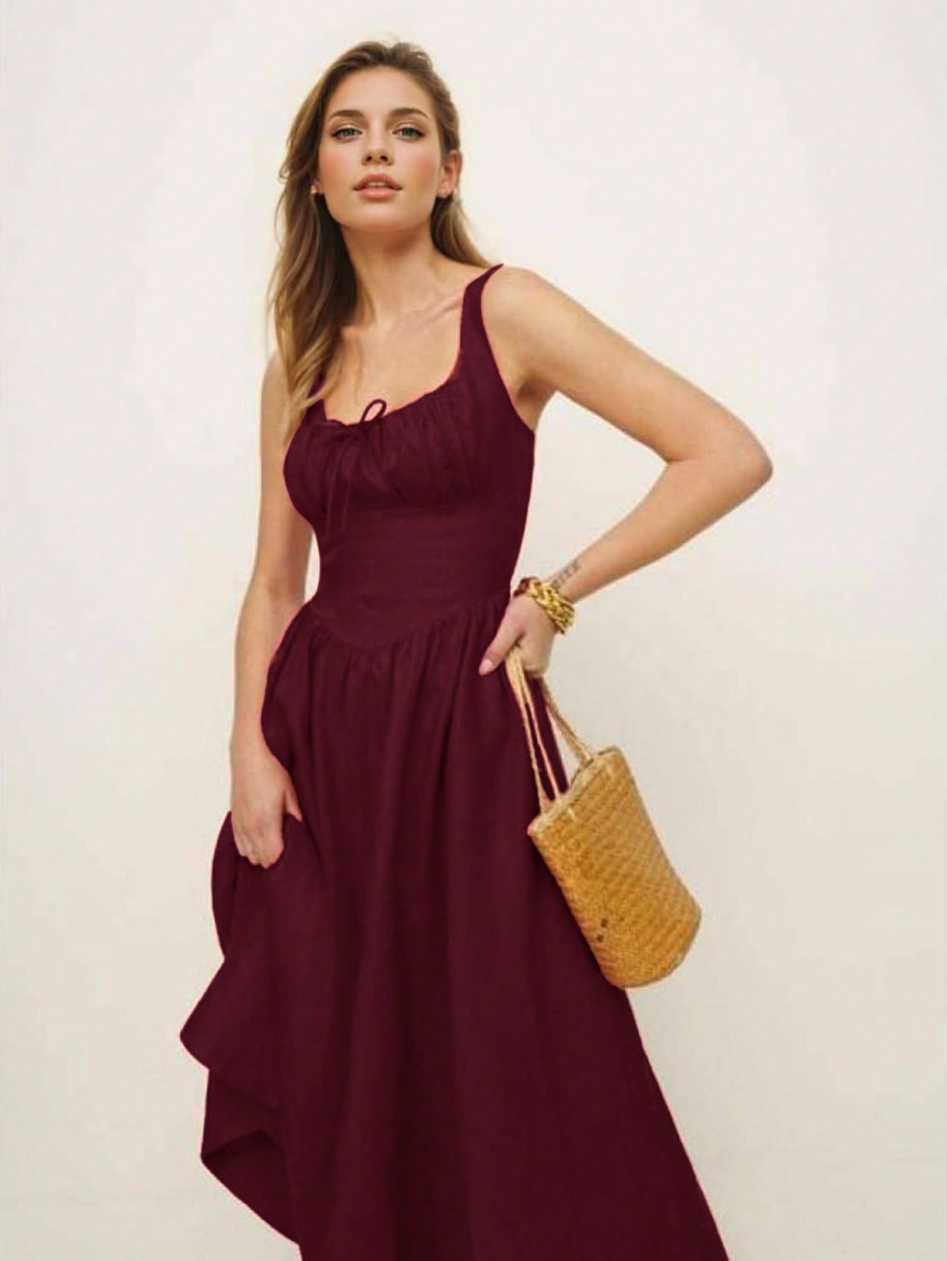 Robe longue romantique rouge à encolure carrée pour femme